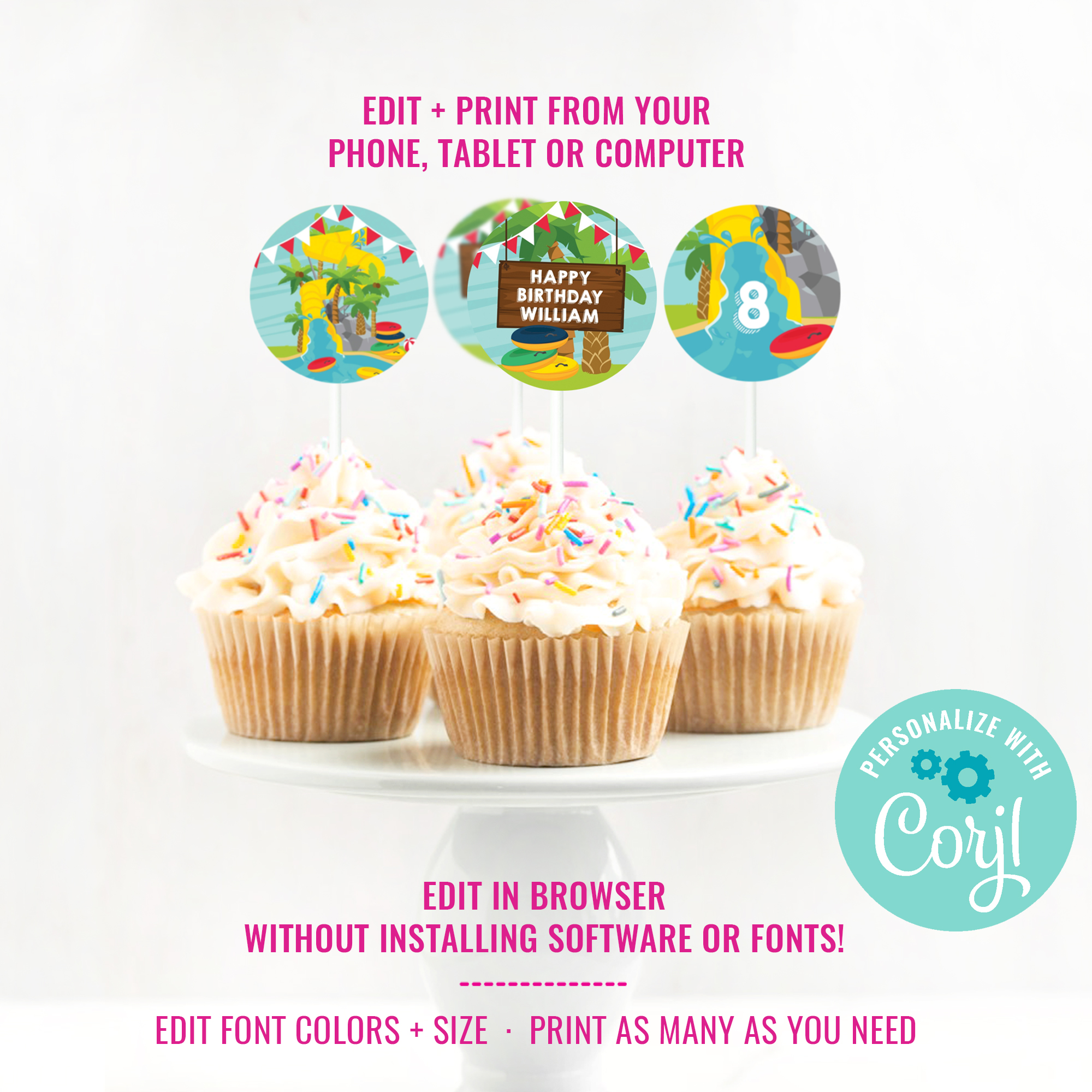 Waterpark Birthday Party Cupcake Toppers design preview