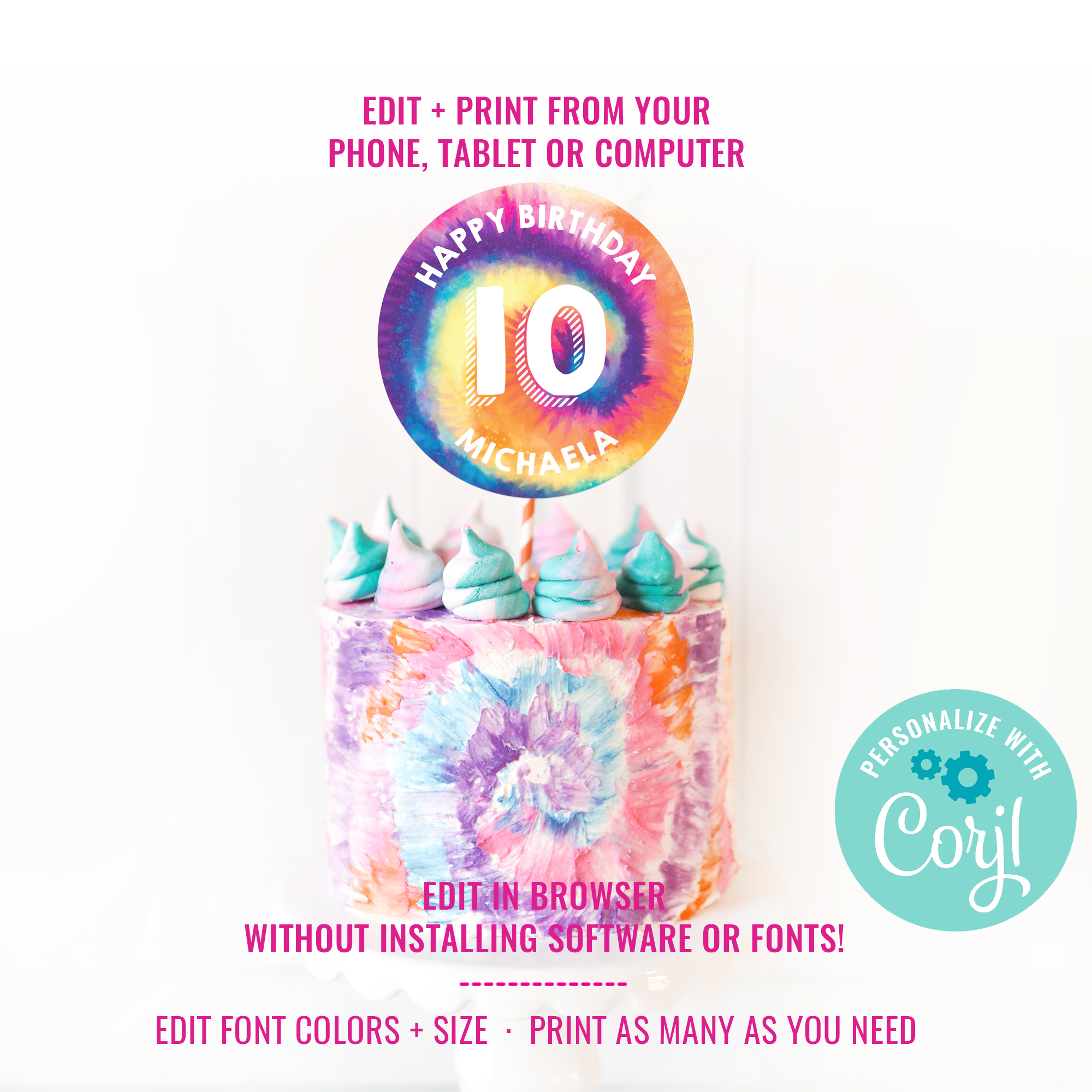 Tie-Dye Party Cake Topper design preview