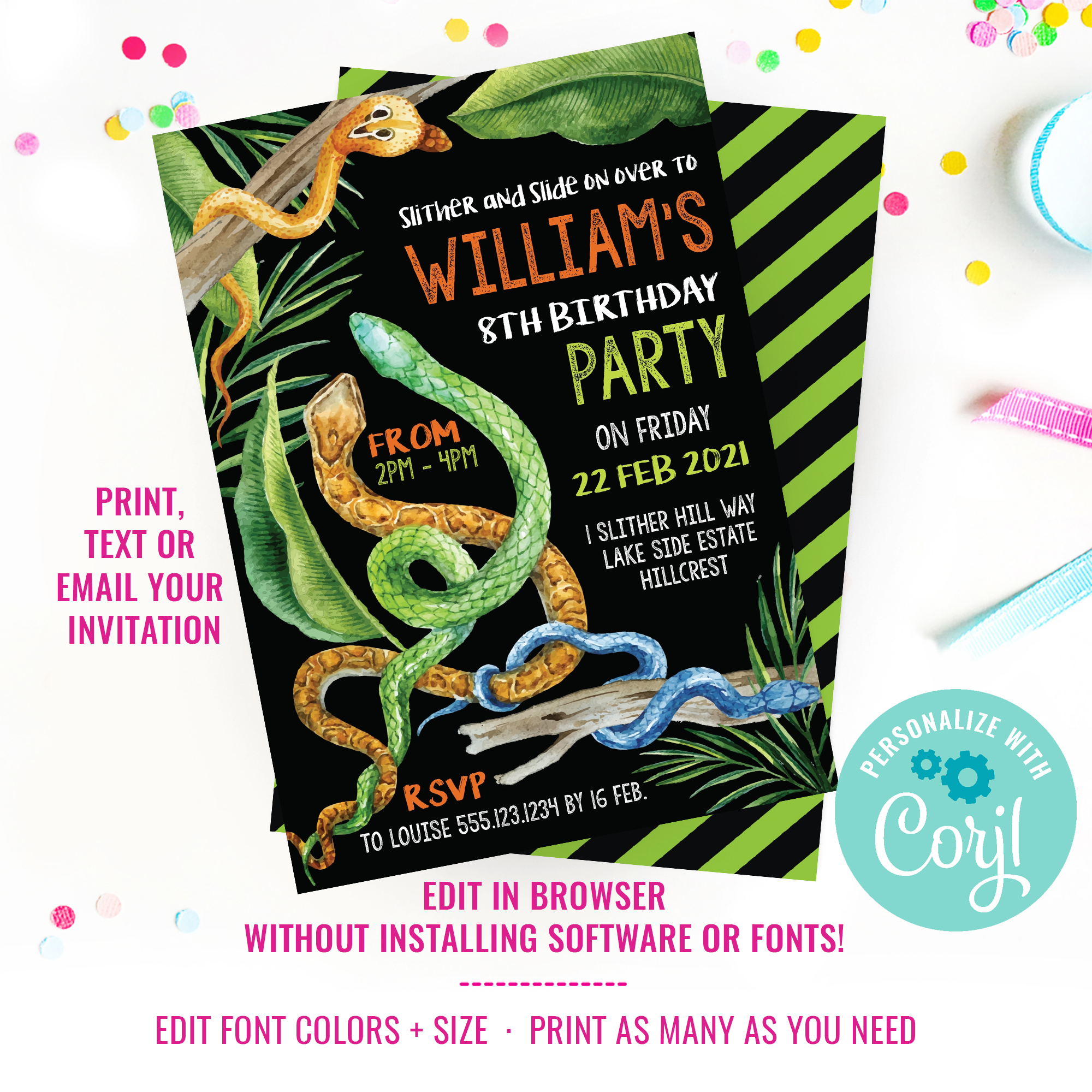 Snake Watercolor Black Party Invitation design preview