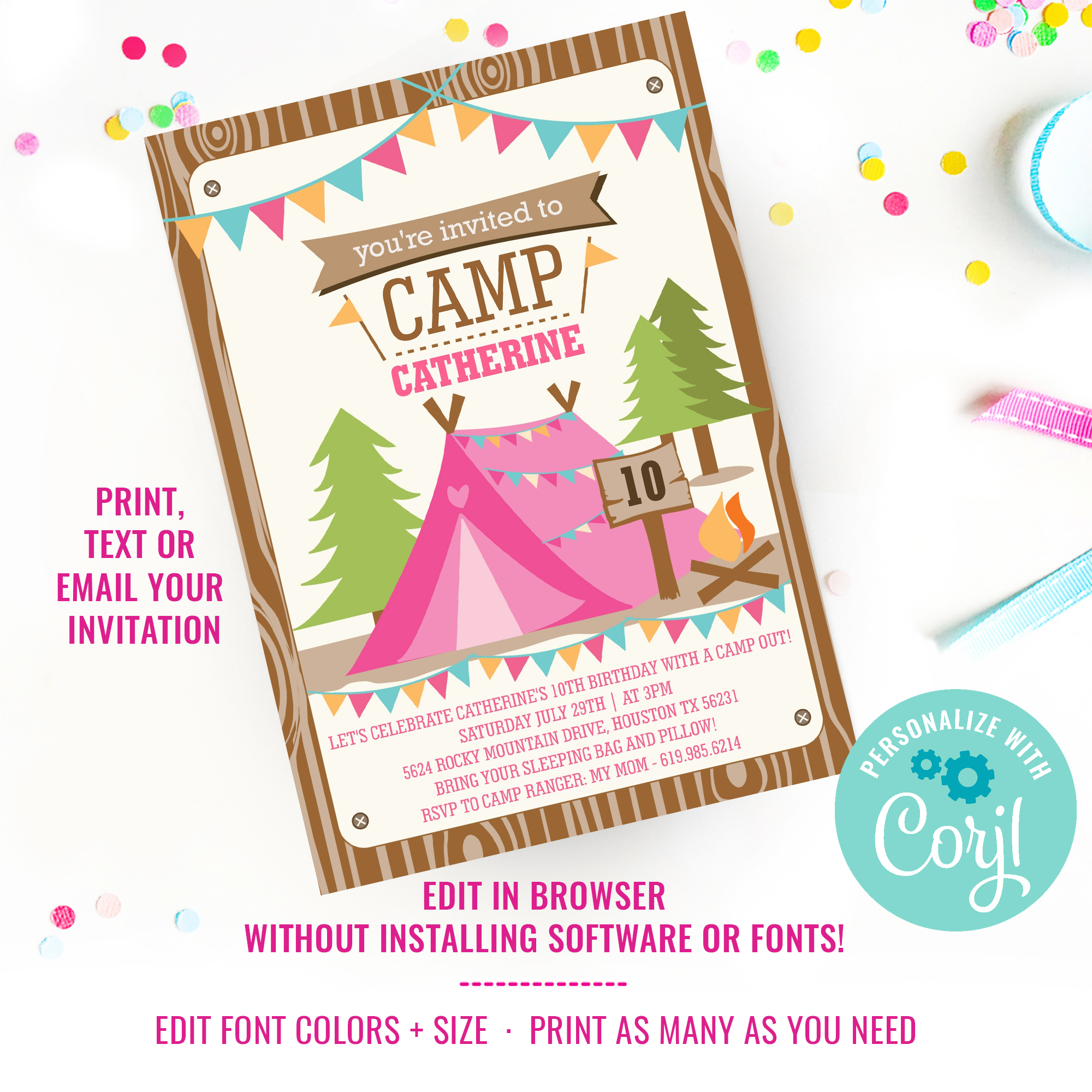 Camping Tent Party Girls Invitation design preview