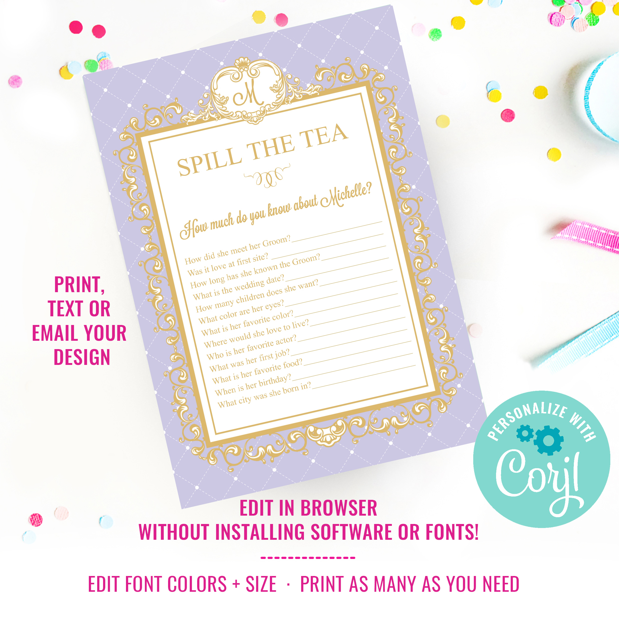 Princess High Tea Party Game - Spill The Tea - Lilac design preview