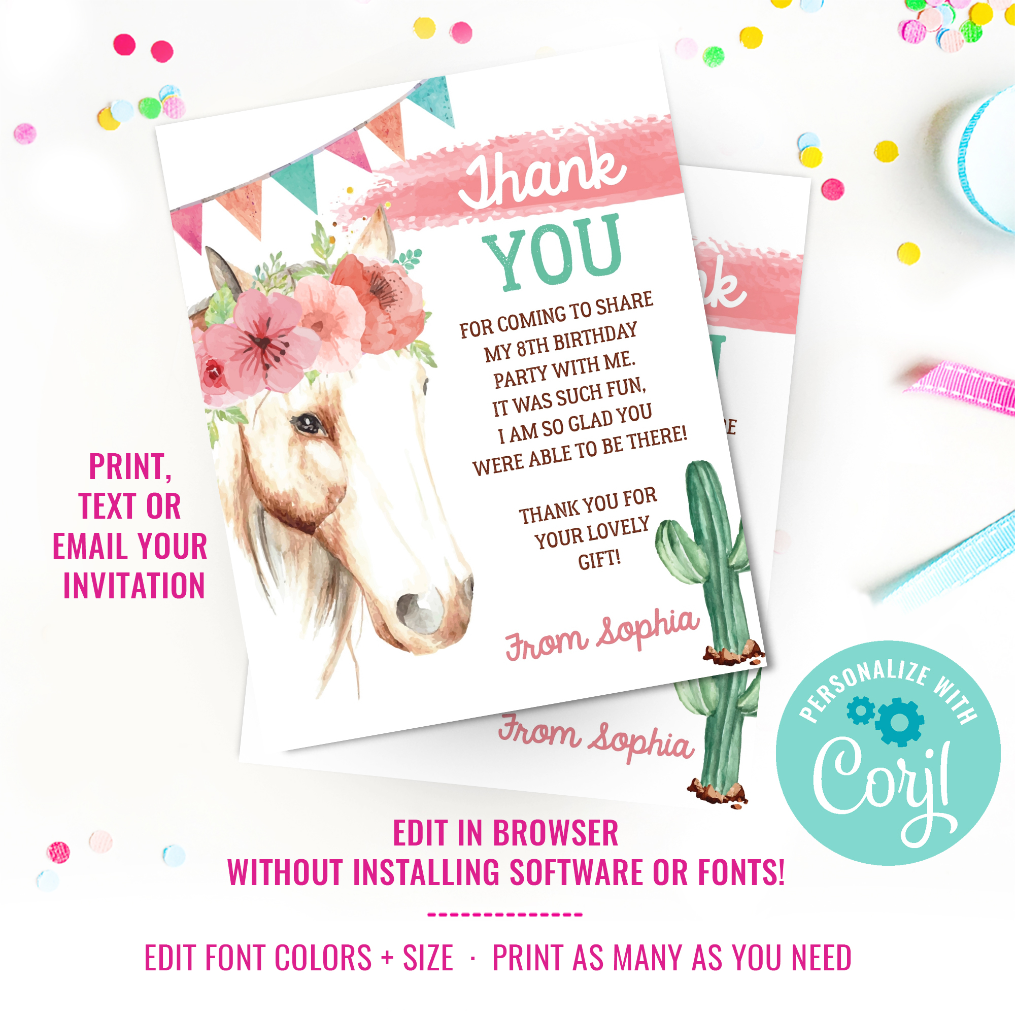 Cowgirl Watercolor Thank You Card design preview