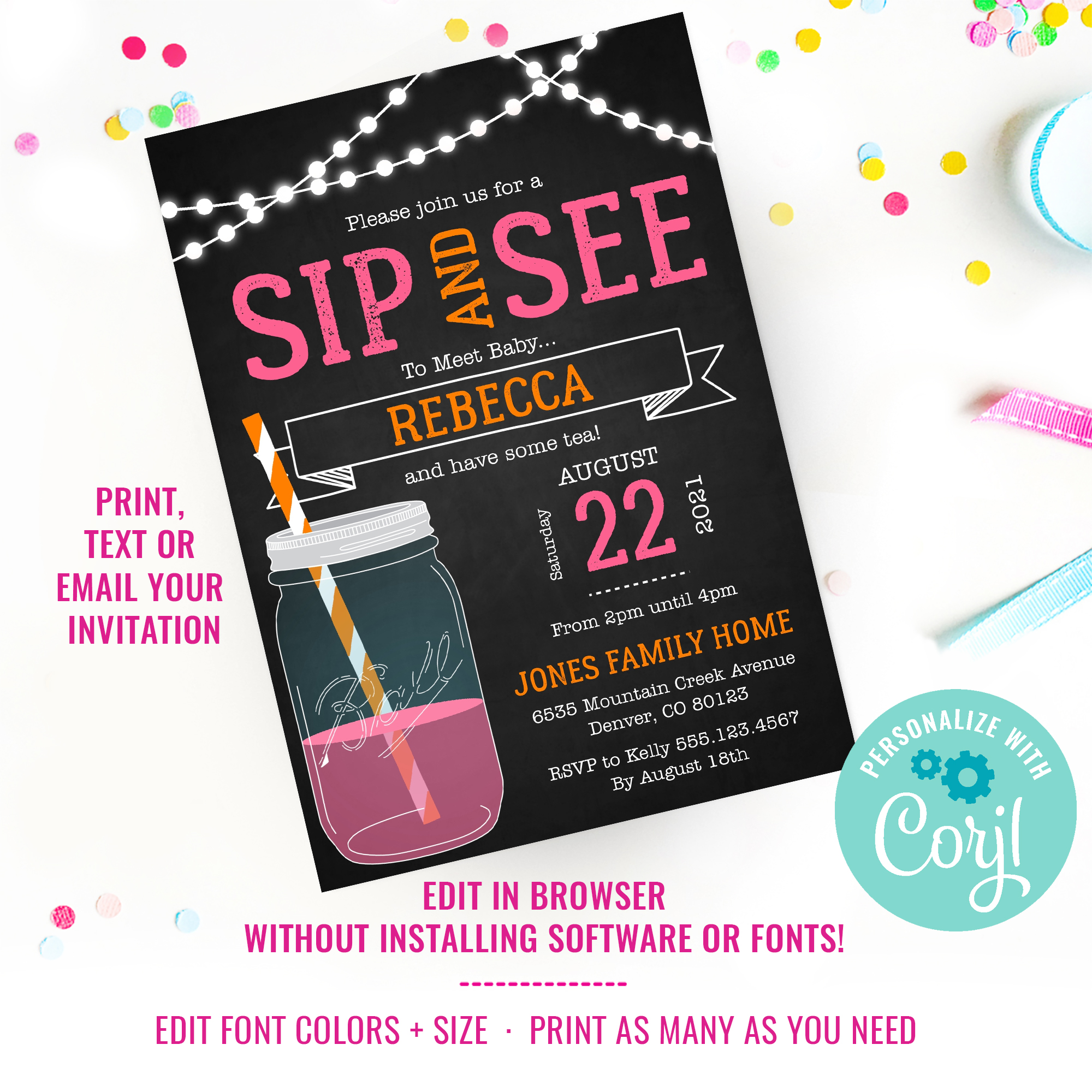 Sip & See Chalkboard Invitation Girls design preview