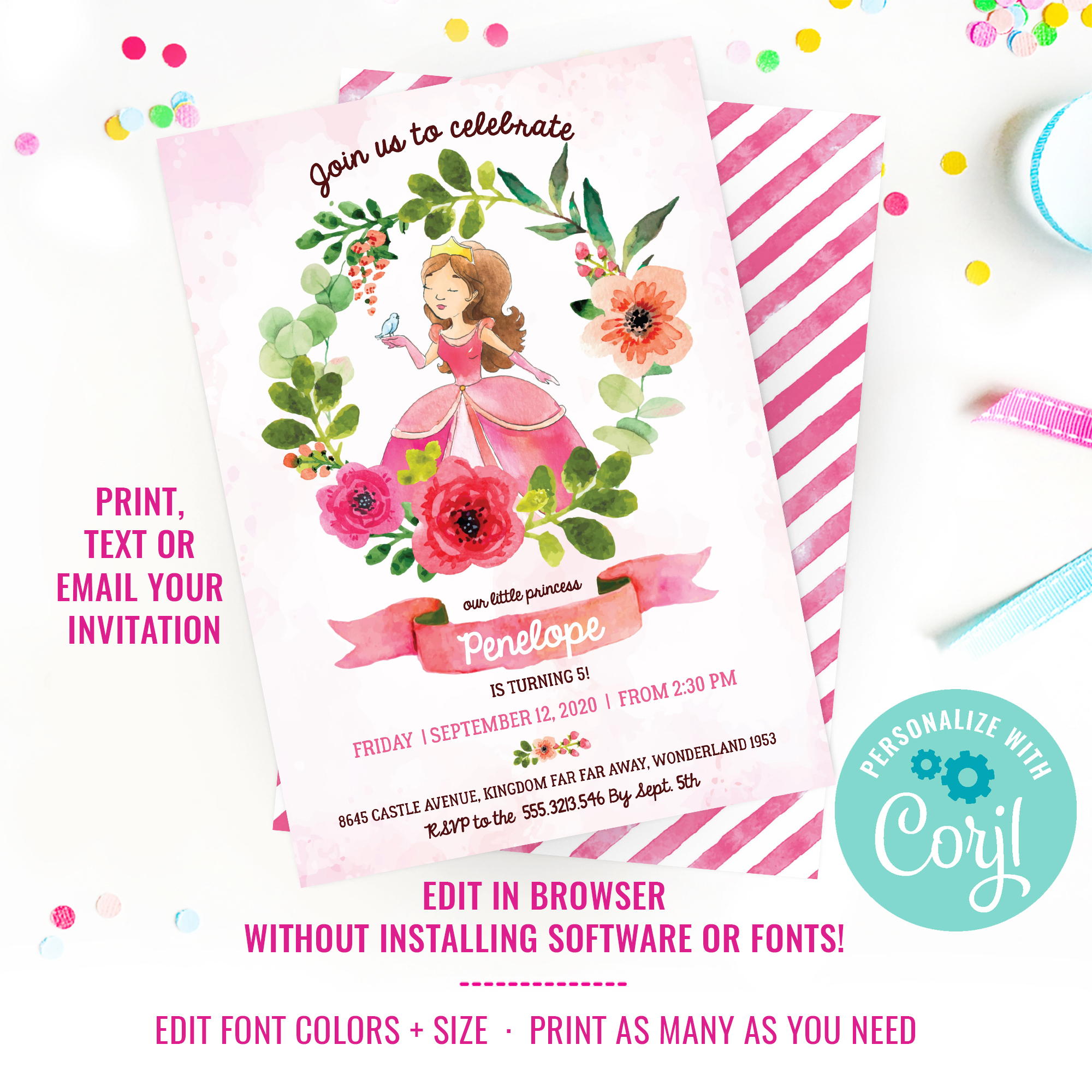 Pink Princess Watercolor Party Invitation design preview
