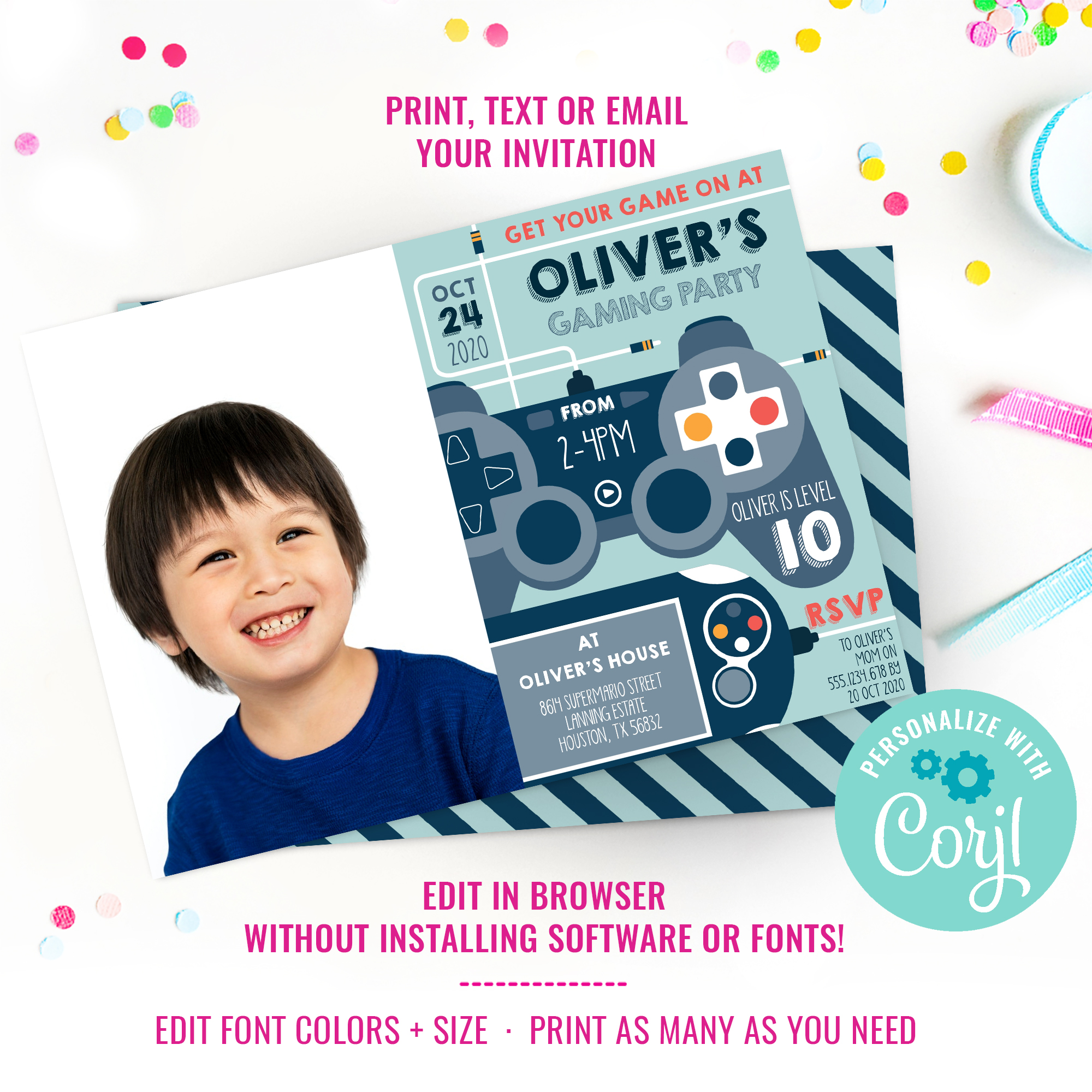 Gaming Boys Party Photo Invitation design preview