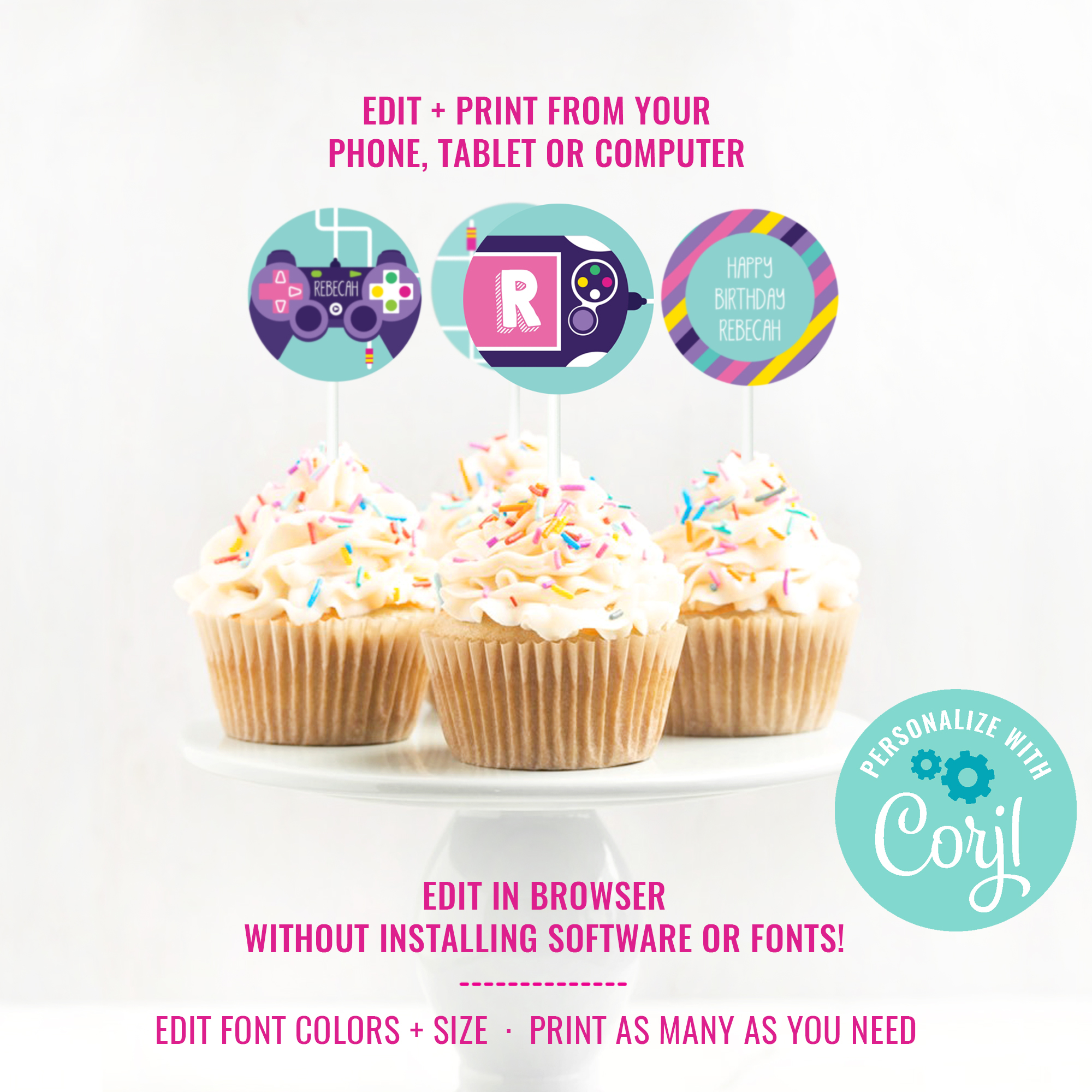 Gaming Girls Party - Cupcake Toppers design preview