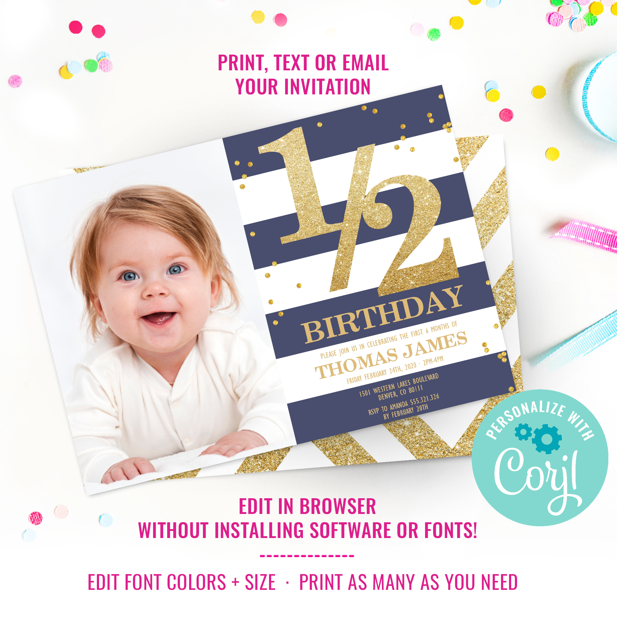 Half Birthday Blue and White Stripe Photo Invitation design preview