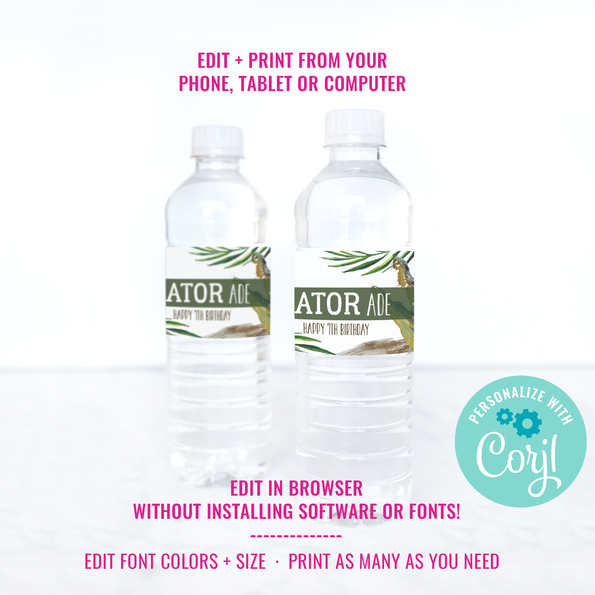Crocodile Party Water Bottle Labels design preview