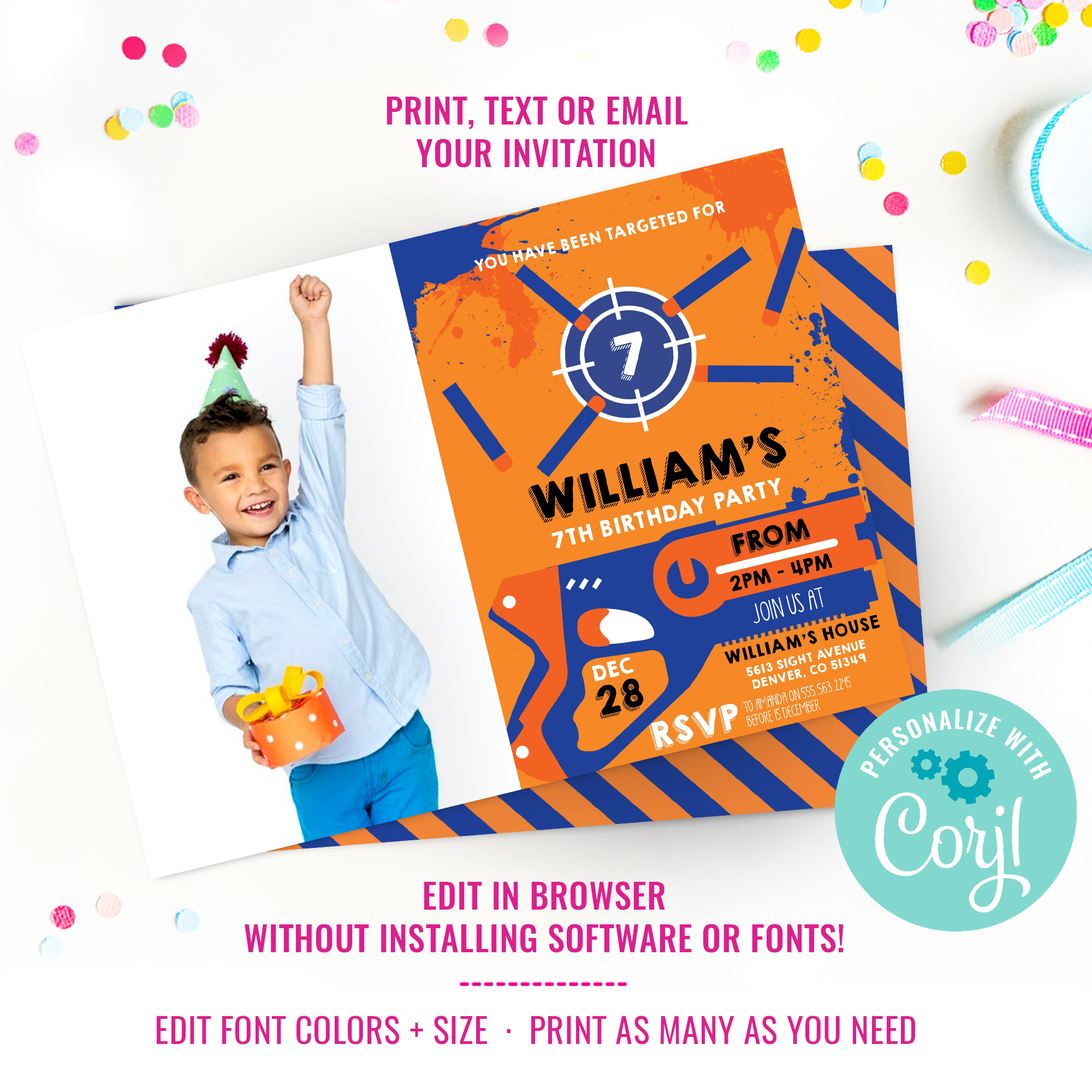 Dart Gun Party Photo Invitation design preview
