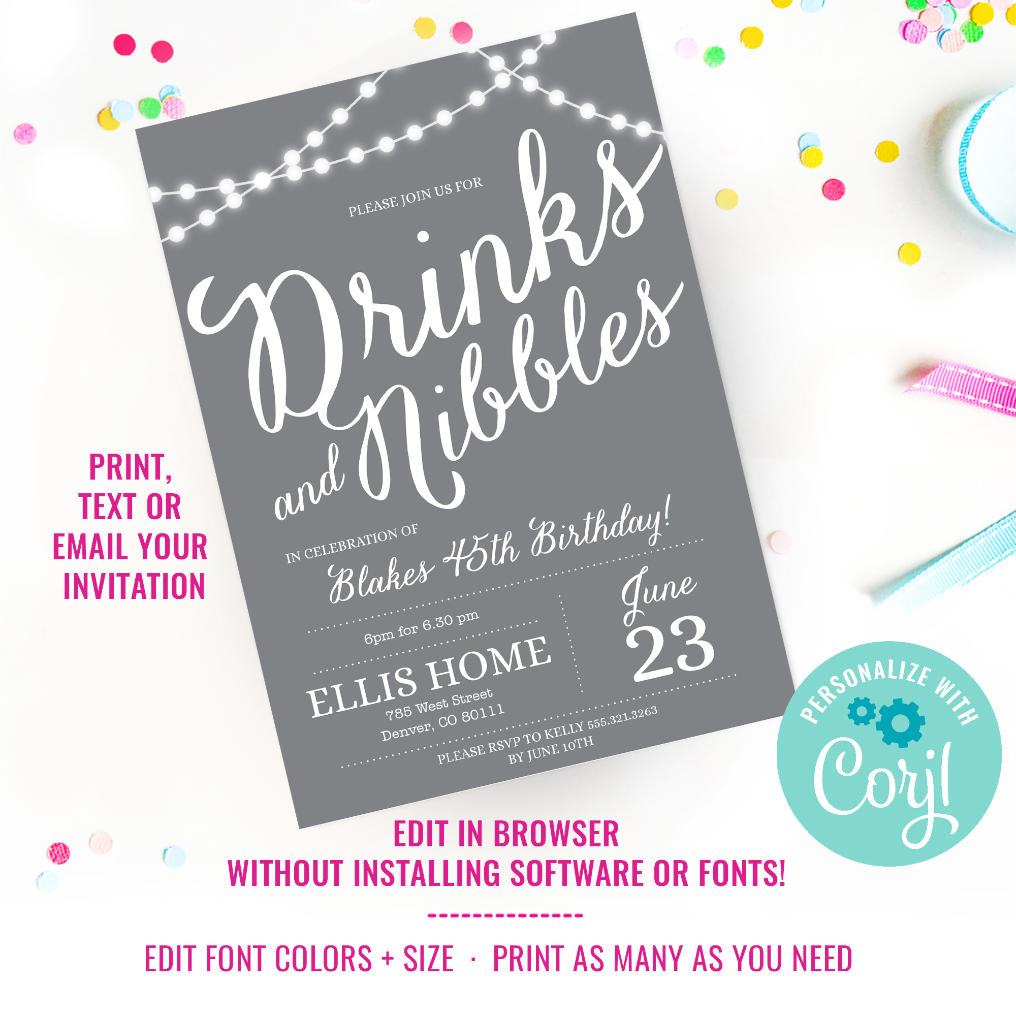 Gray Birthday Party Invitation - Drinks Birthday Party - 30th 40th 50th 60th birthday invitation - Instant Download & Edit File with Corjl design preview