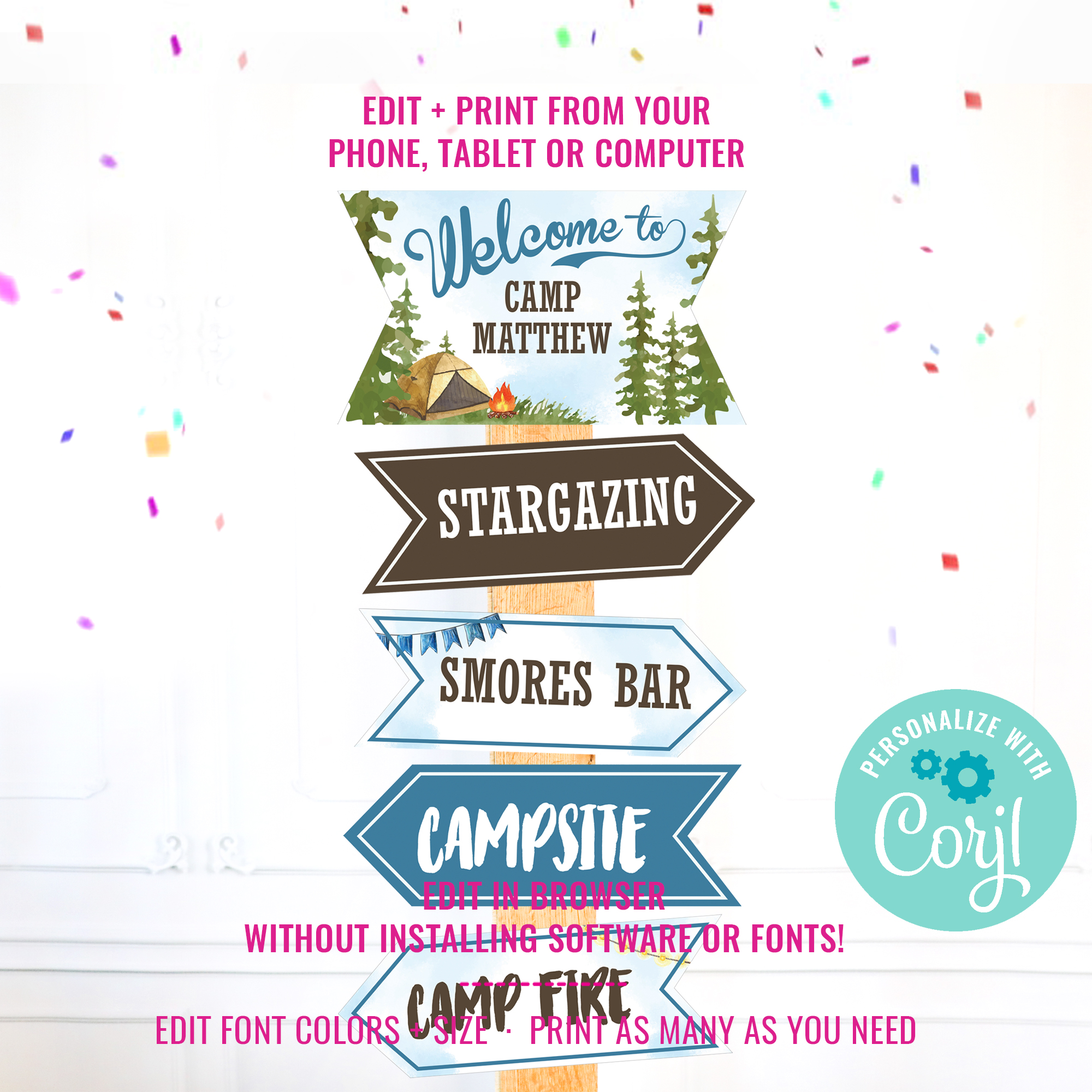Camping Party Watercolor Camp Signs design preview