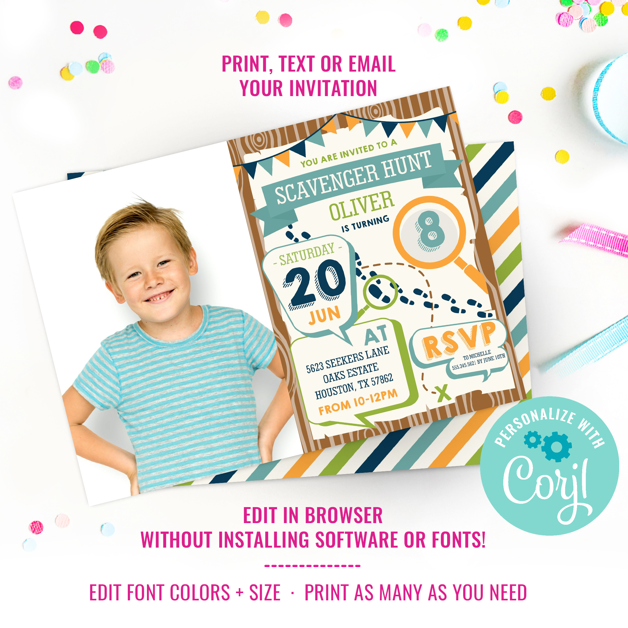 Scavenger Hunt Boys Photo Invitation design preview