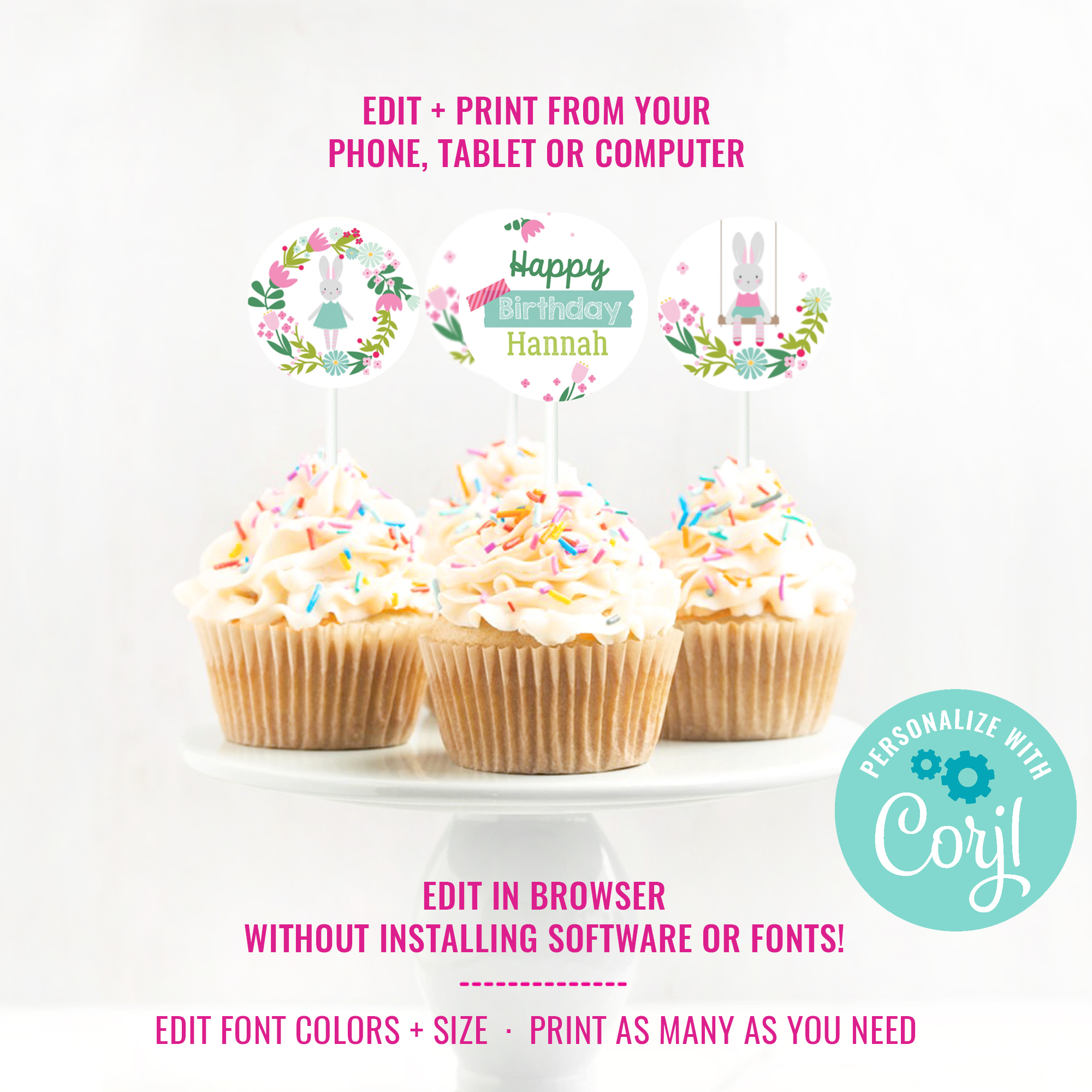 Bunny Birthday Party Cupcake Toppers design preview