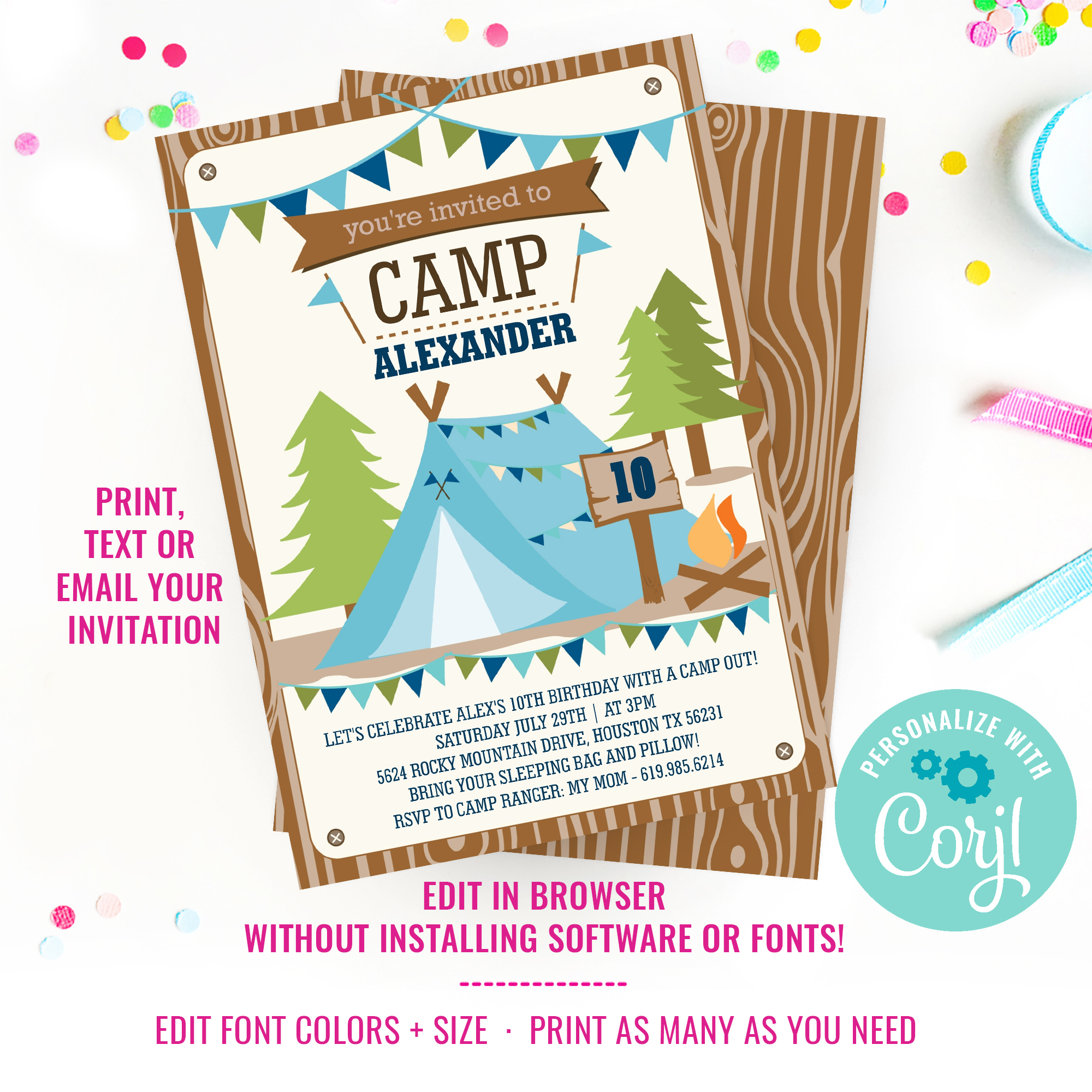 Camping Tent Party Boys Invitation design preview