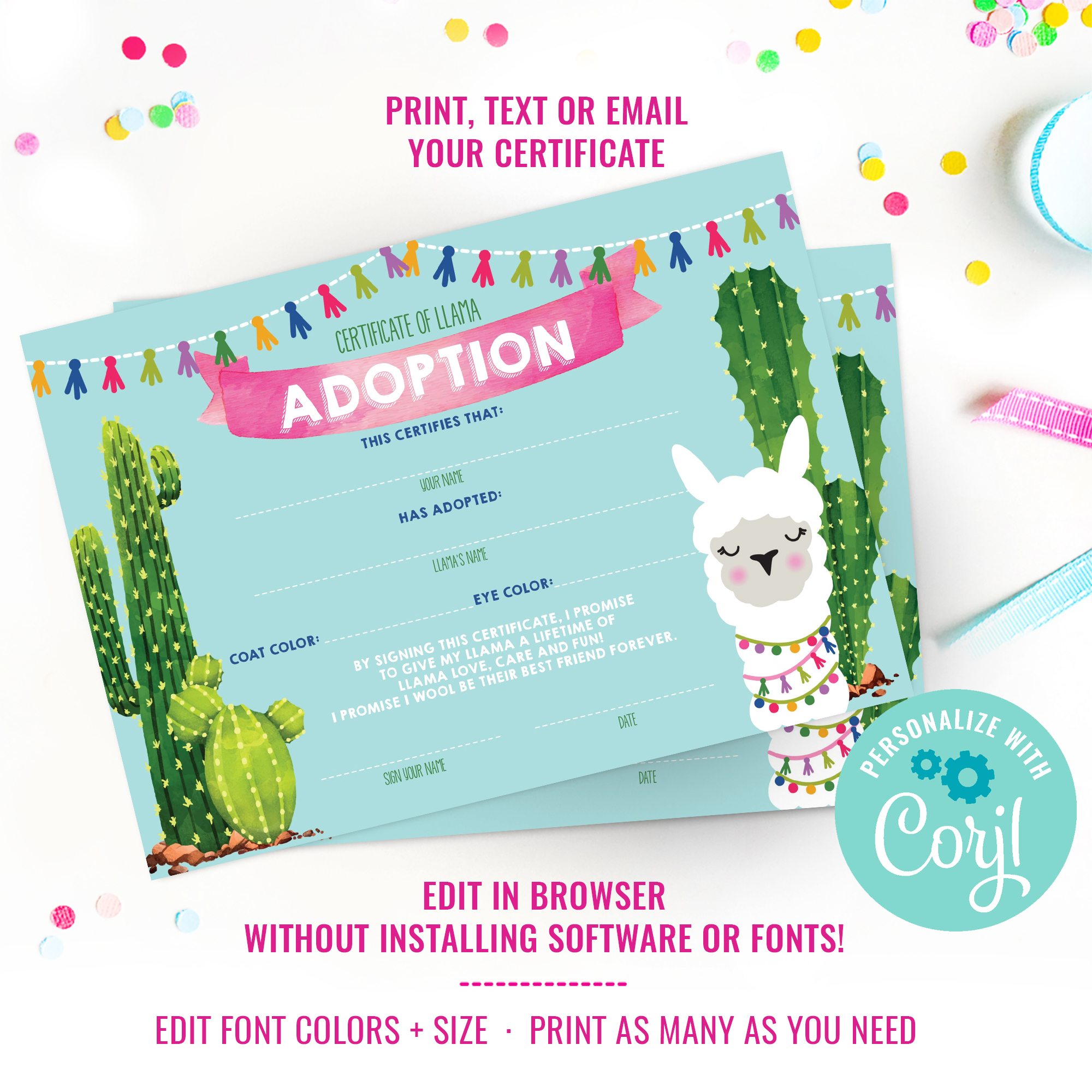 Llama Adoption Certificate design preview