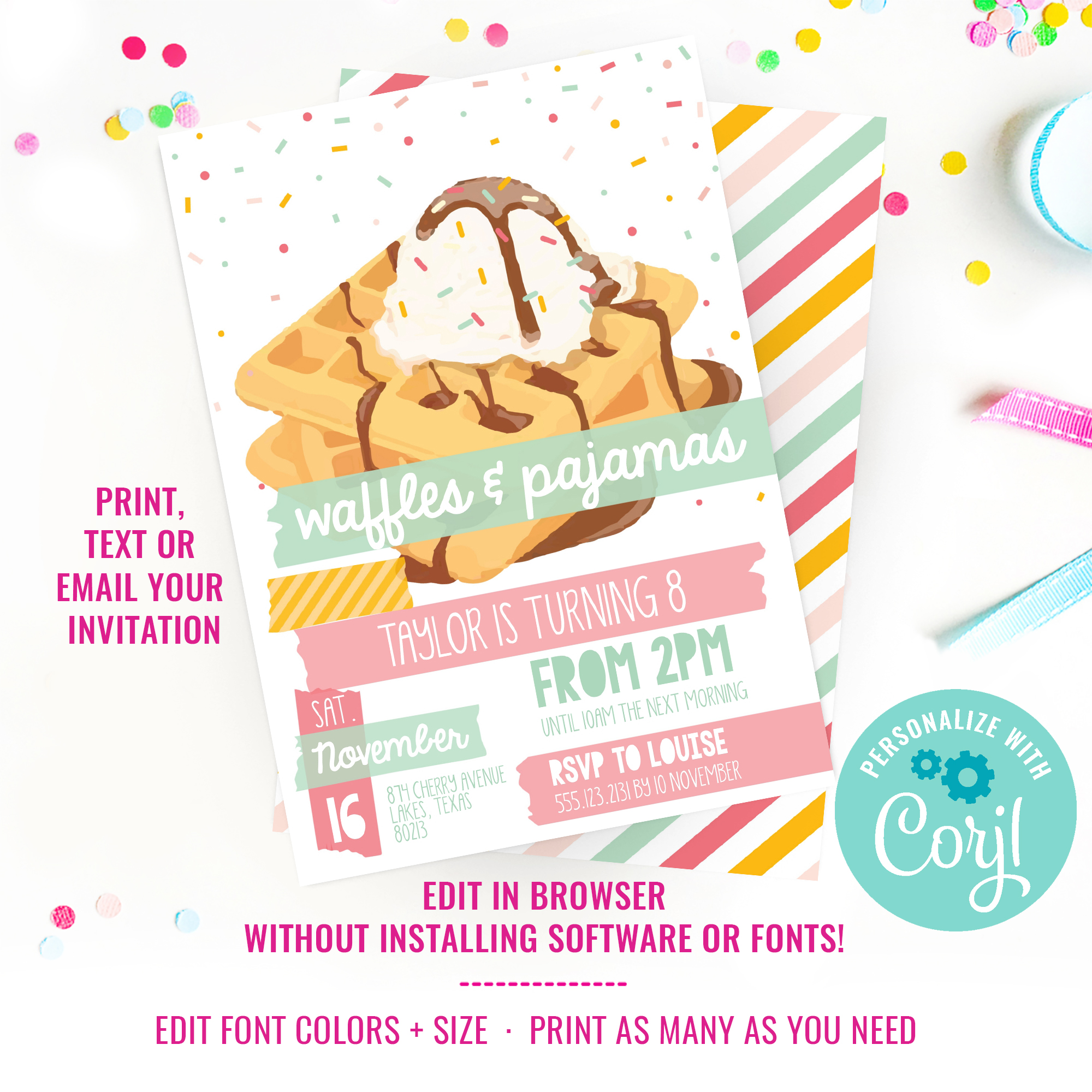 Waffles & Pajamas Vintage Party Invitation design preview
