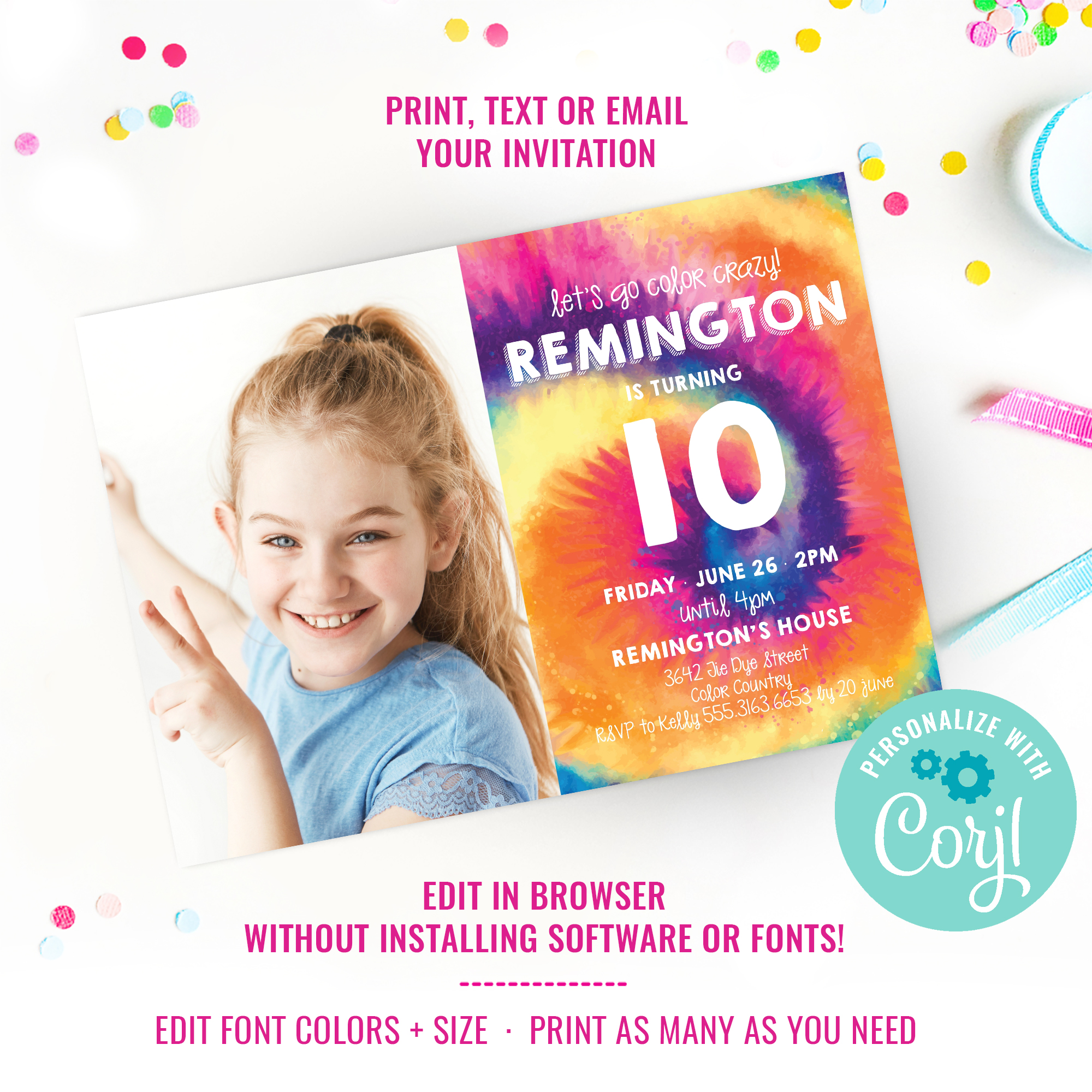 Tie-Dye Party Photo Invitation design preview