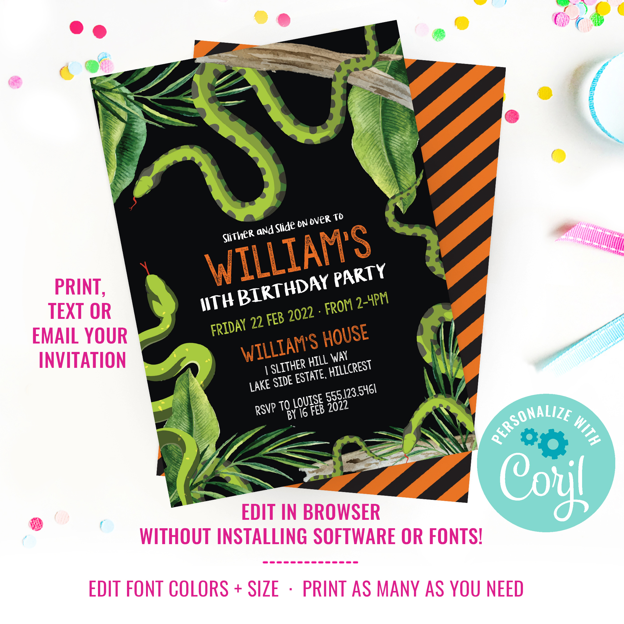 Snake Party Invitation - Green + Orange design preview