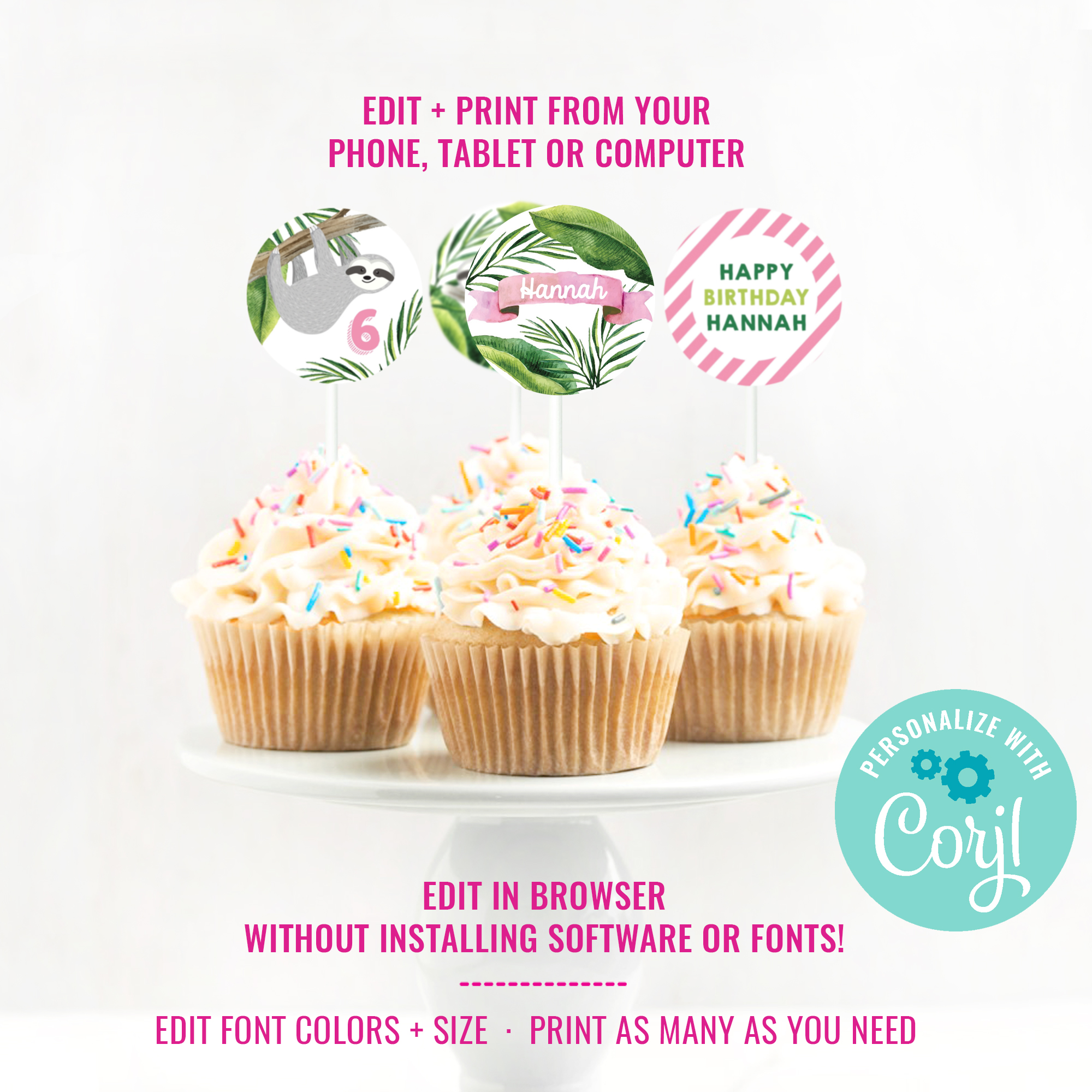 Sloth Birthday Party Cupcake Toppers design preview