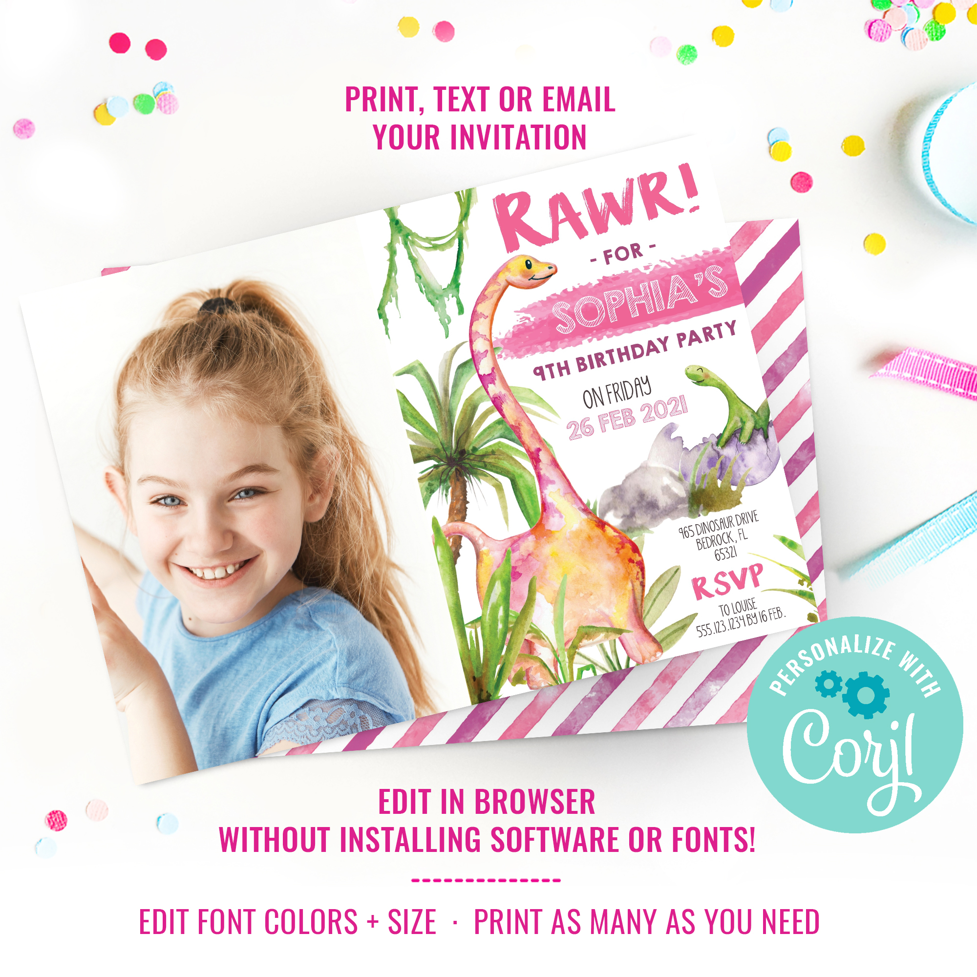 Dinosaur Girl Party Photo Invitation design preview