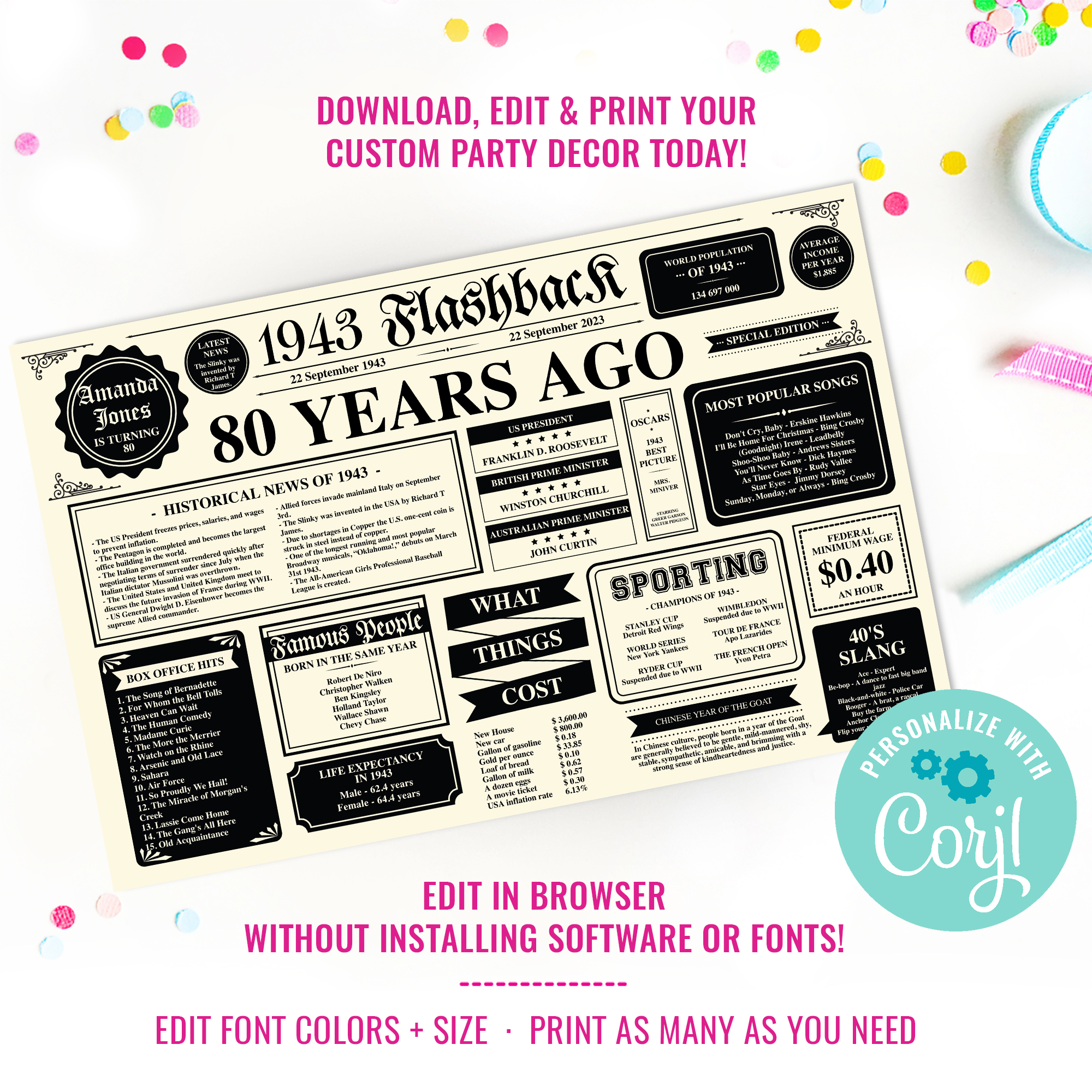 Newsflash Placemat - 80th Birthday Party Decor - 1943 design preview