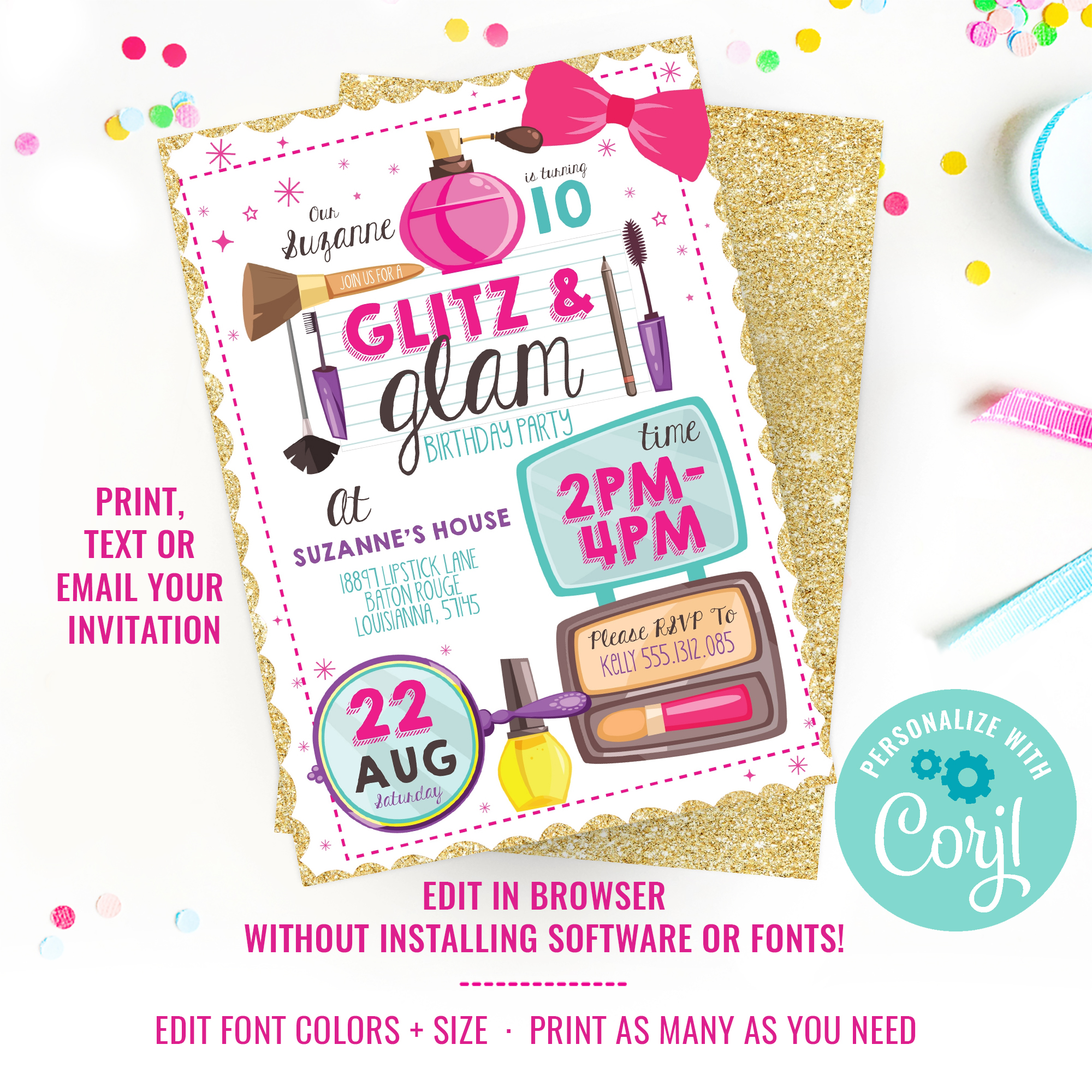 Glitz and Glam Girls Party Invitation design preview