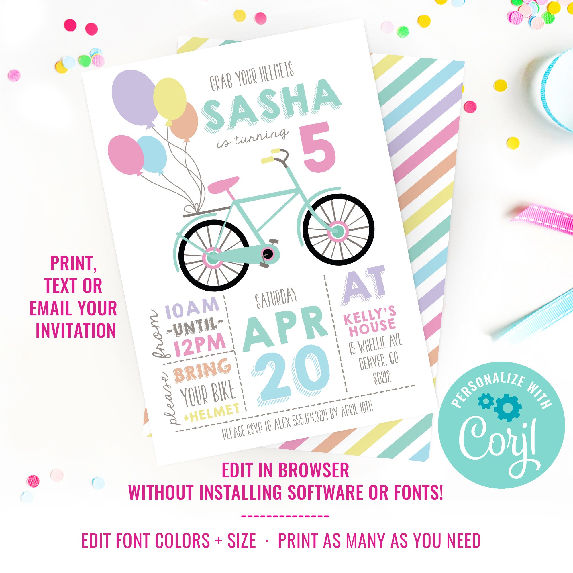 Rainbow Girls Bicycle Invitation design preview