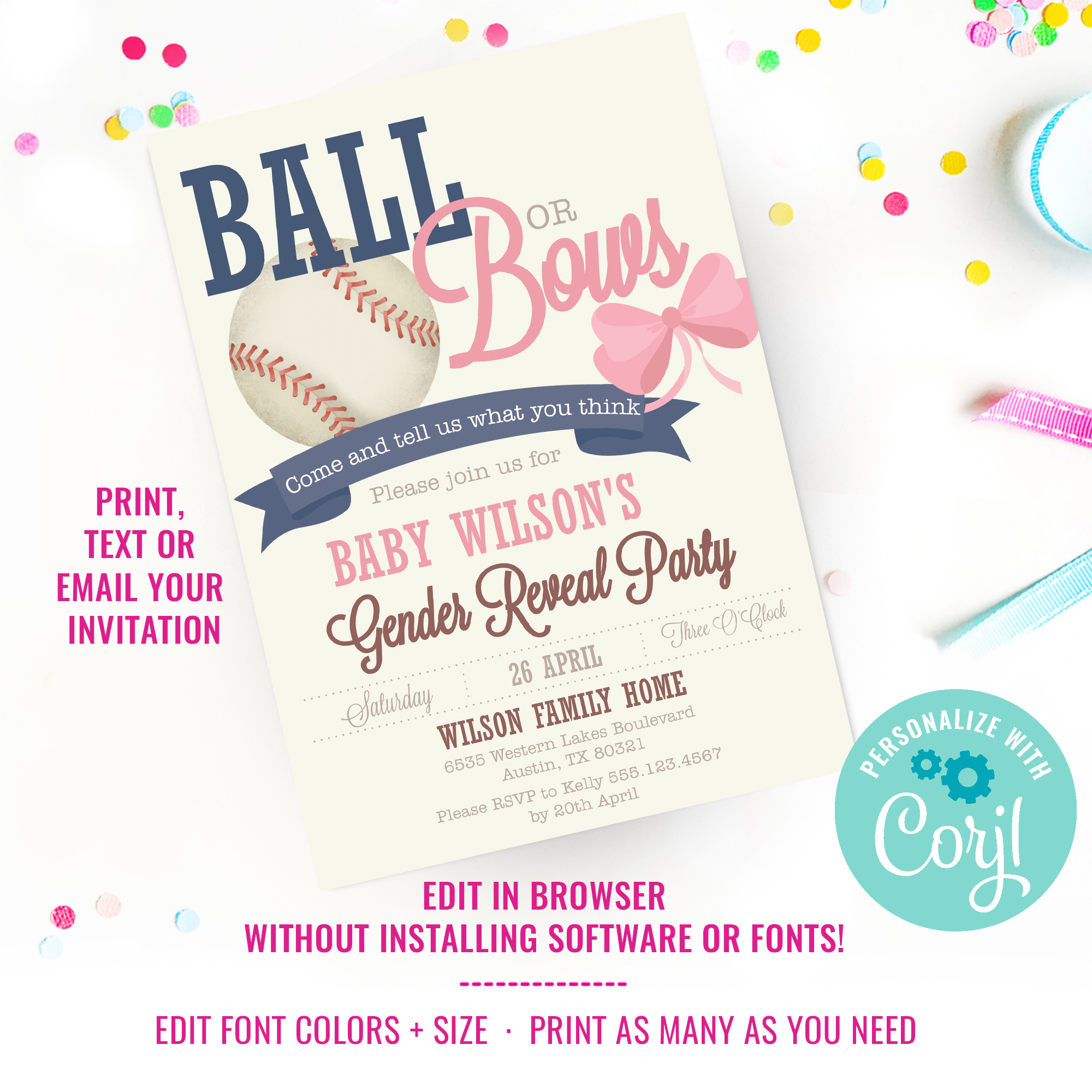 Baseballs or Bows Party Invitation design preview