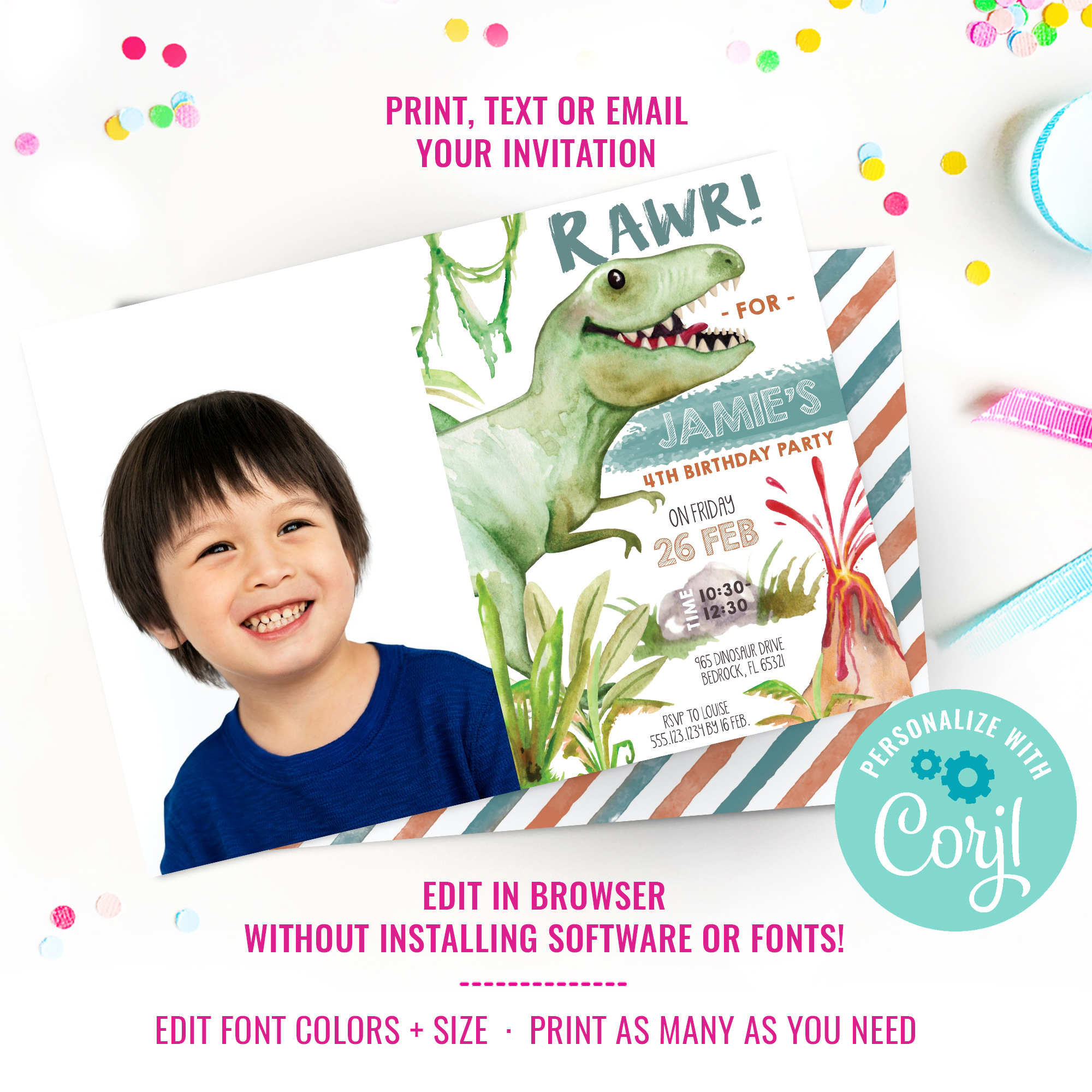 Dinosaur Boy Party Photo Invitation design preview