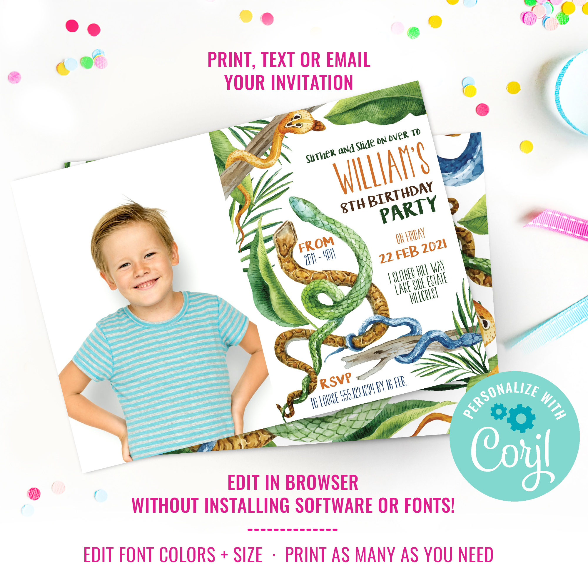 Snake Watercolor Party Photo Invitation design preview
