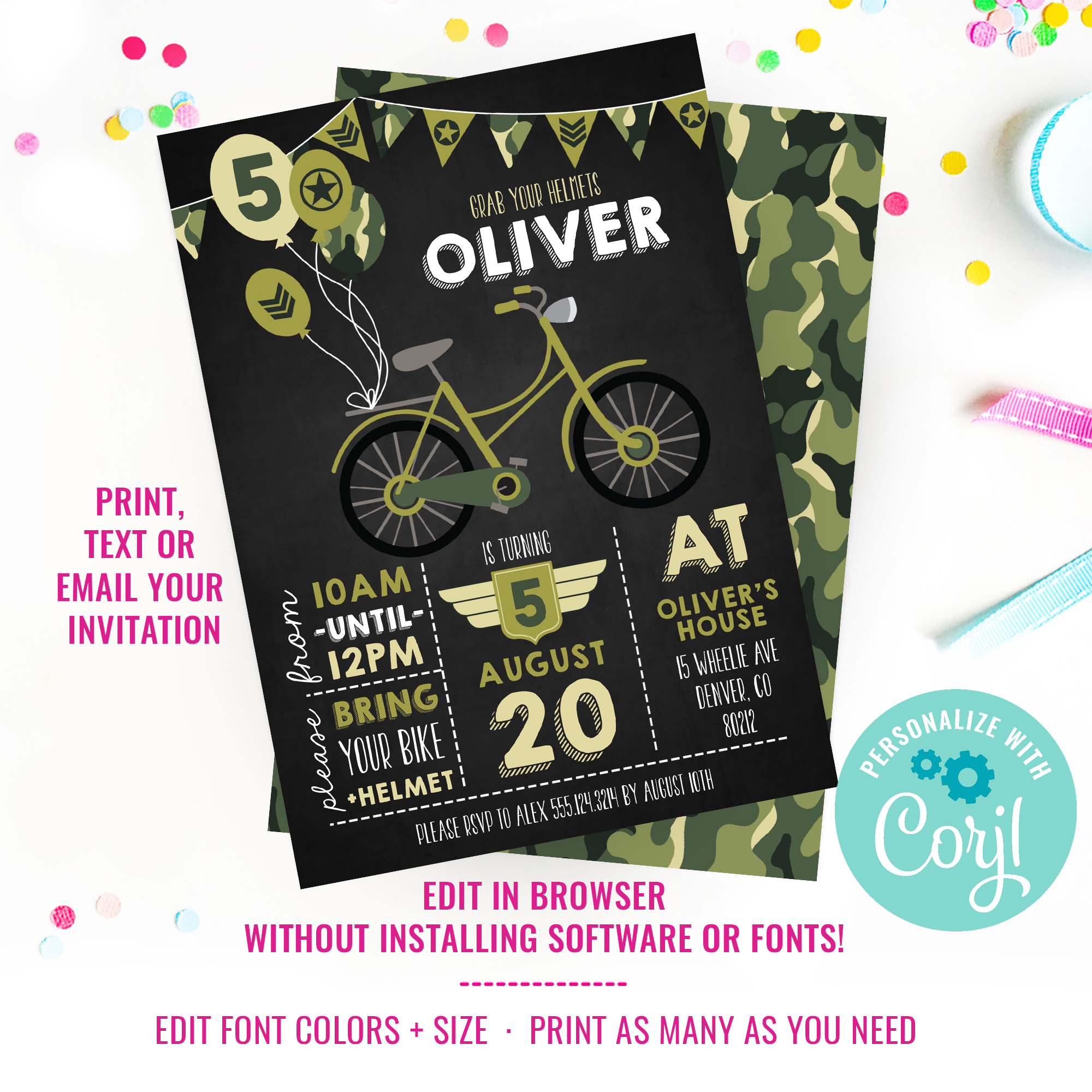 Vintage Army Bicycle Birthday Party Invitation design preview