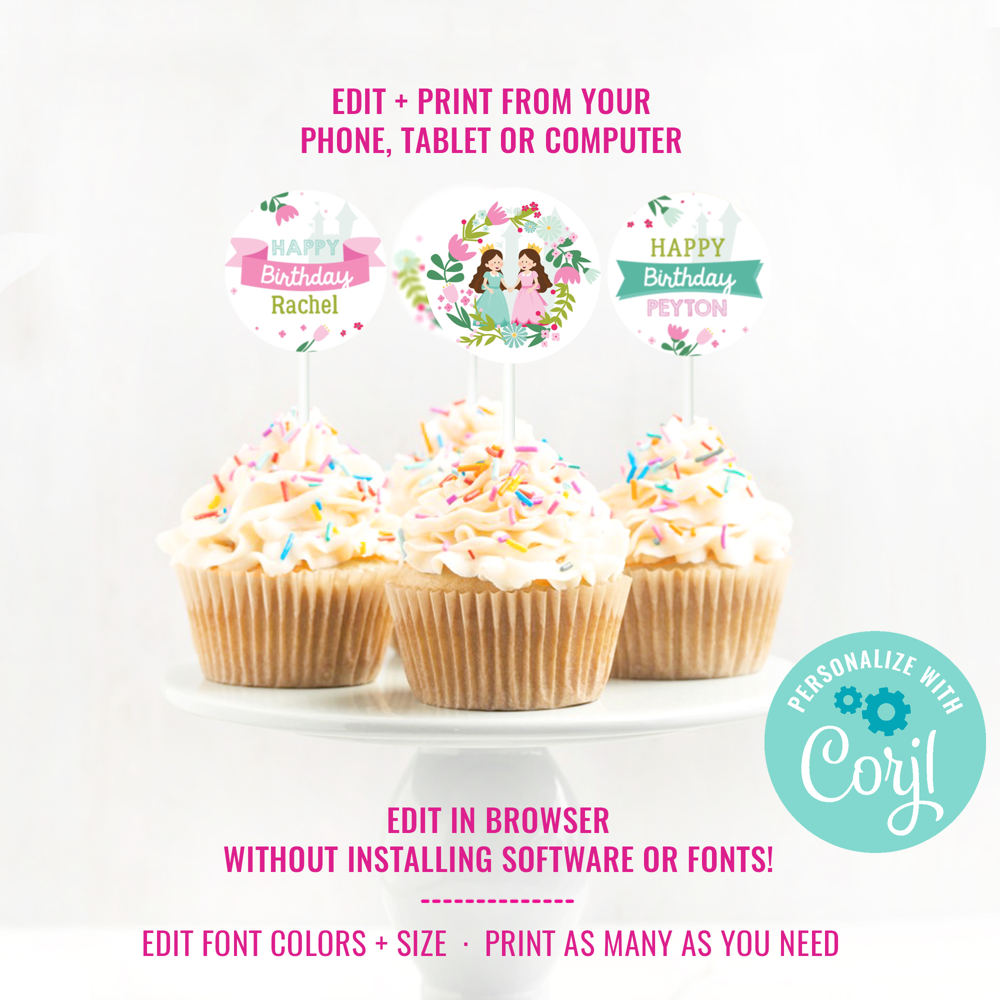 Twin-cess Party Cupcake Toppers design preview