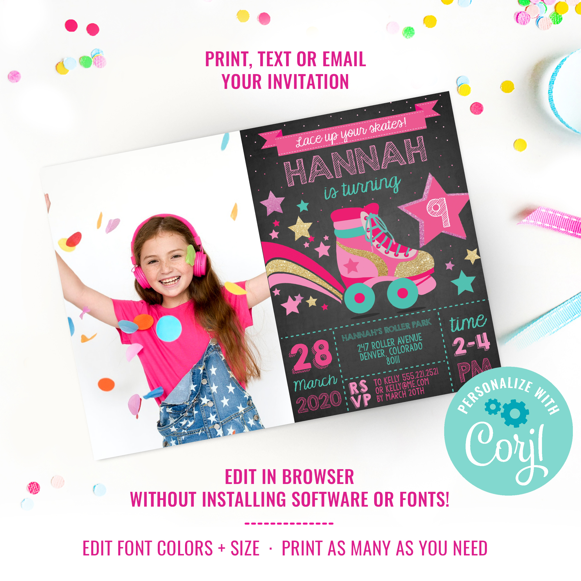 Rollerskating Party Photo Invitation design preview