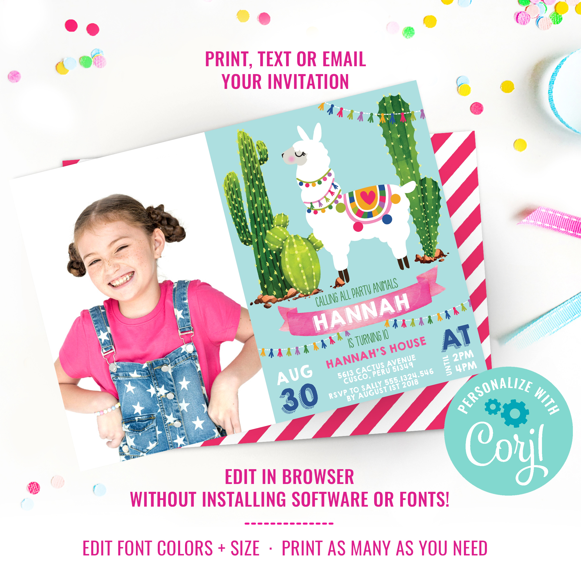 Llama Party Photo Invitation design preview