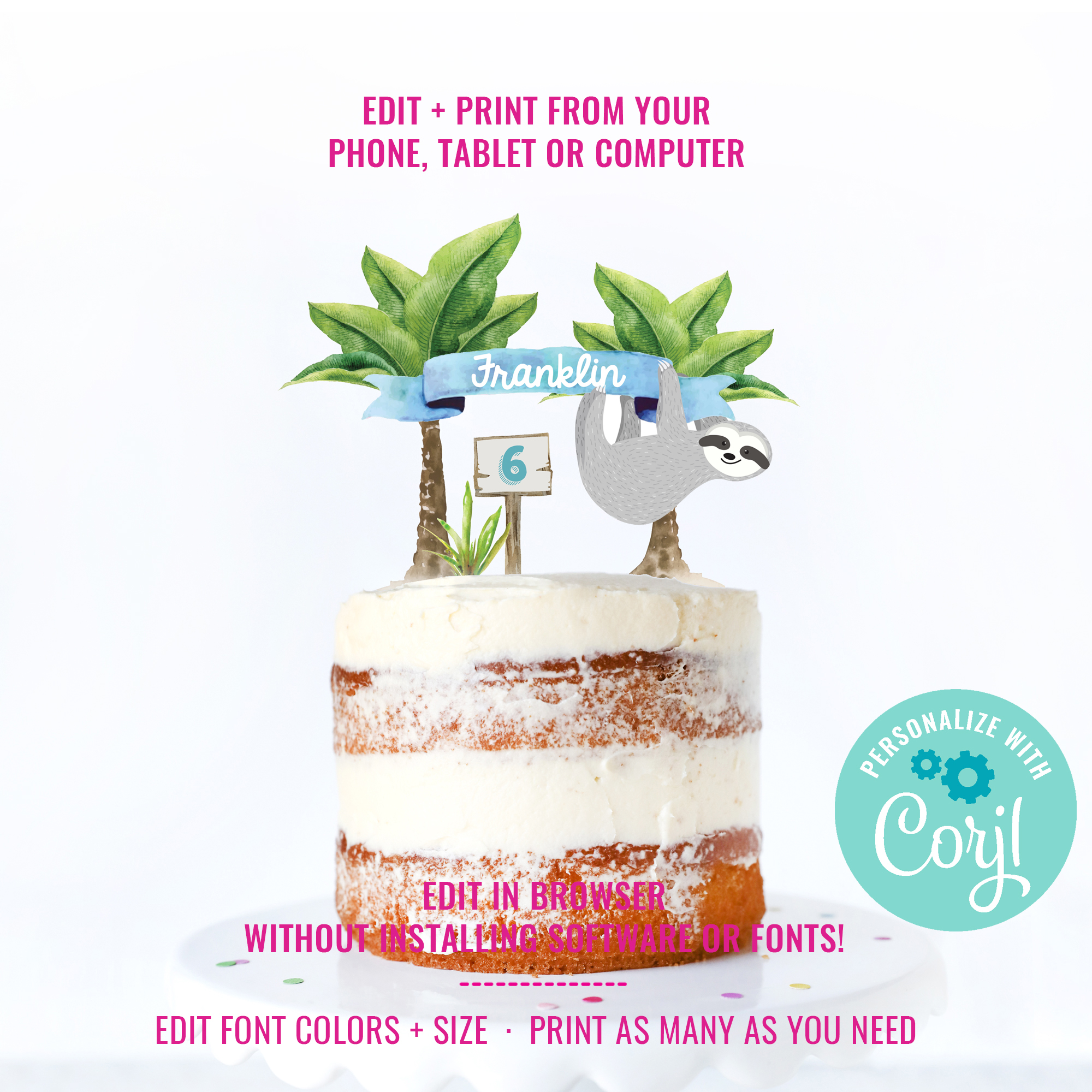 Sloth Birthday Party Cake Topper Boys design preview