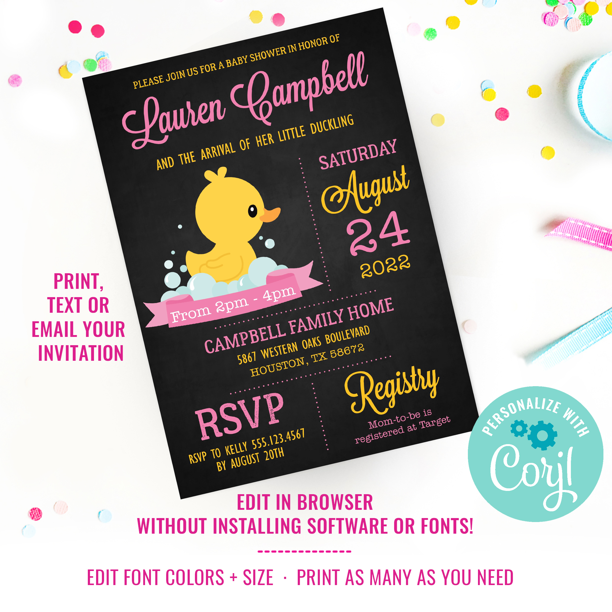 Chalkboard Rubber Duck Baby Shower Invitation for Girls design preview