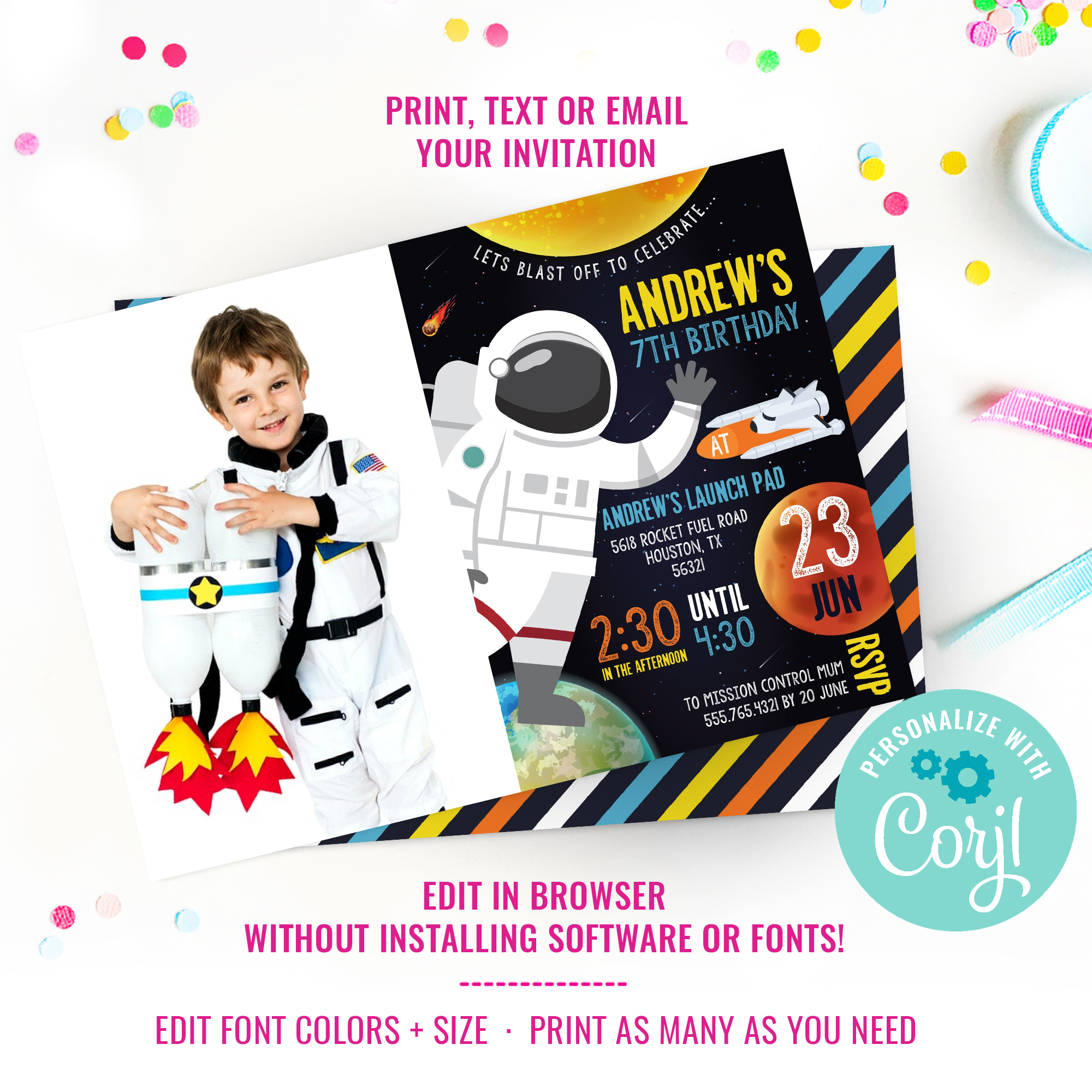 Astronaut Party Photo Invitation design preview