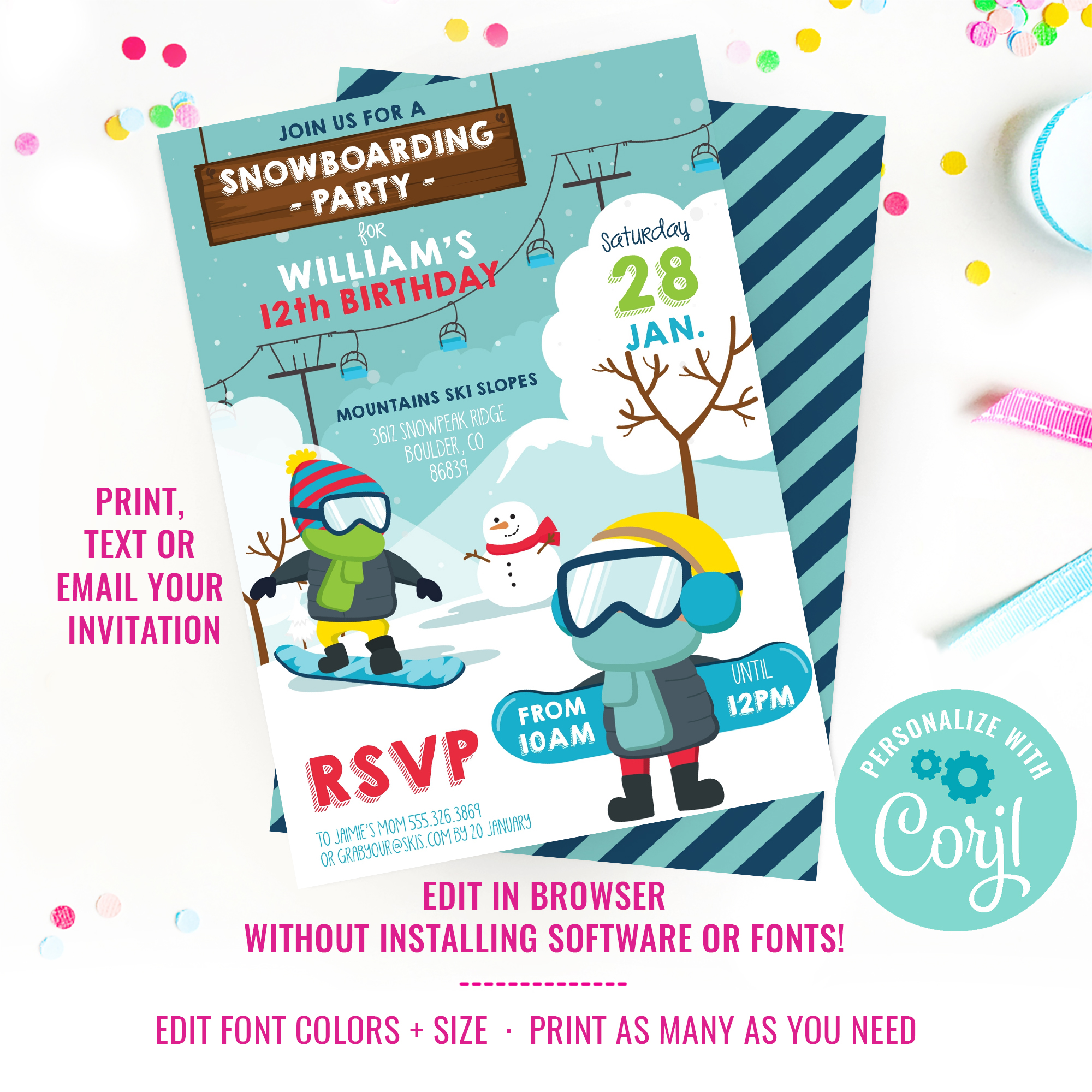 Snowboarding Party Invitation design preview
