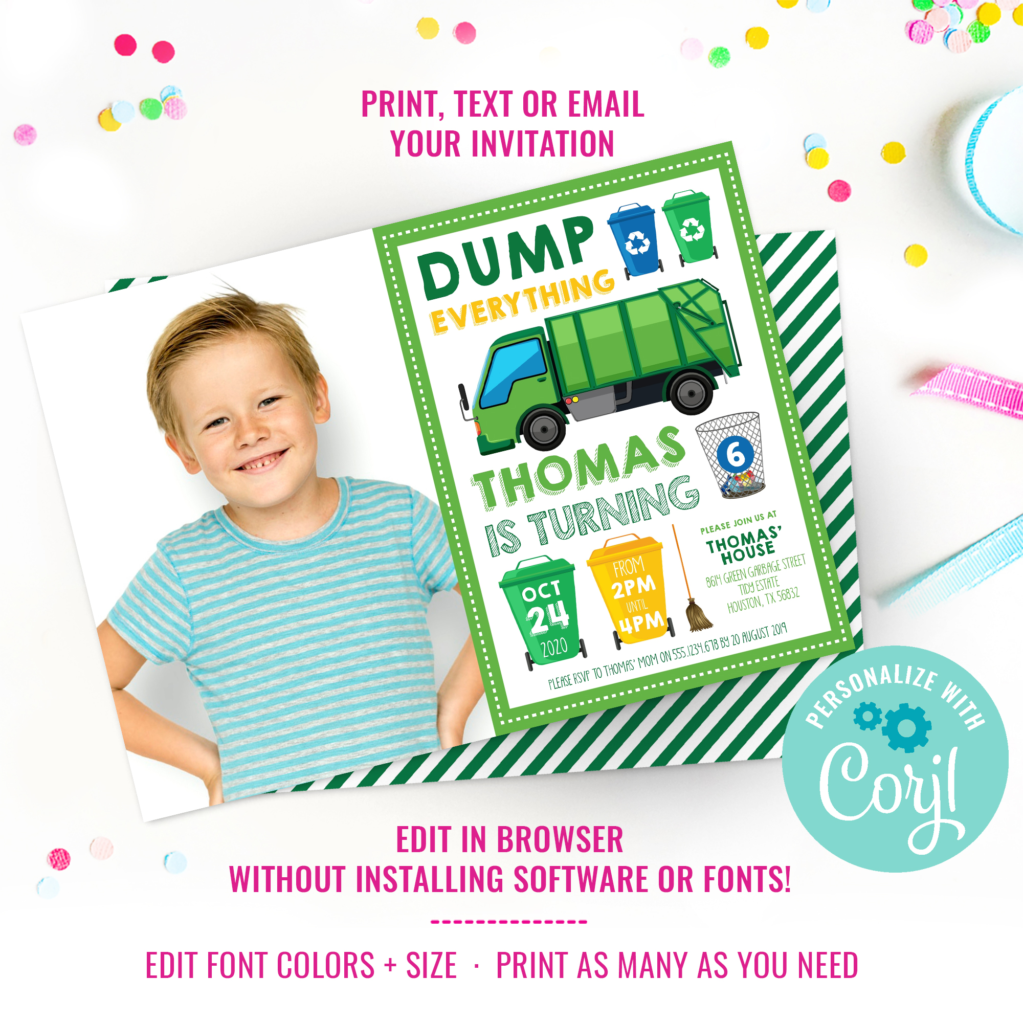 Garbage Truck Party Photo Invitation design preview