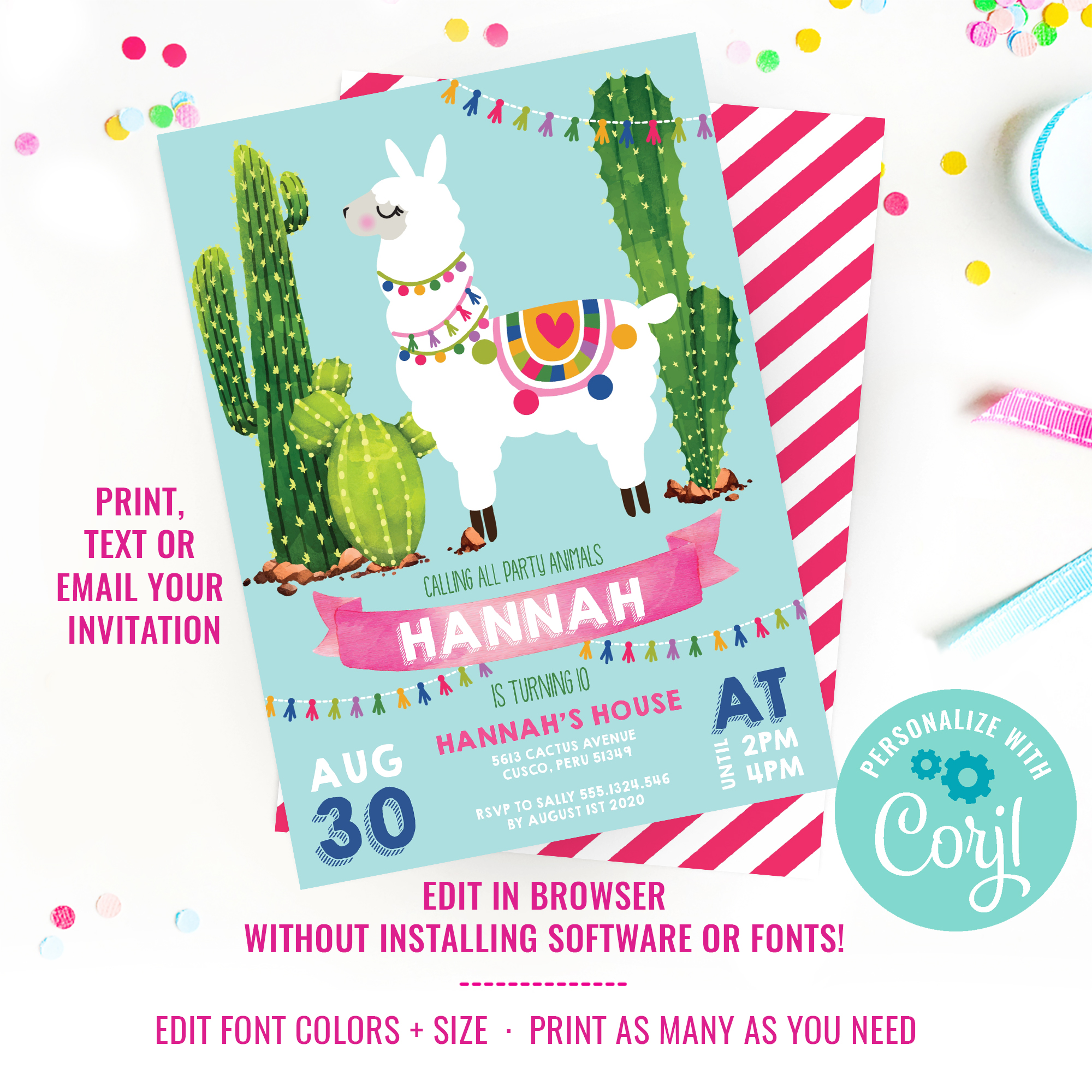 Llama Party Invitation design preview