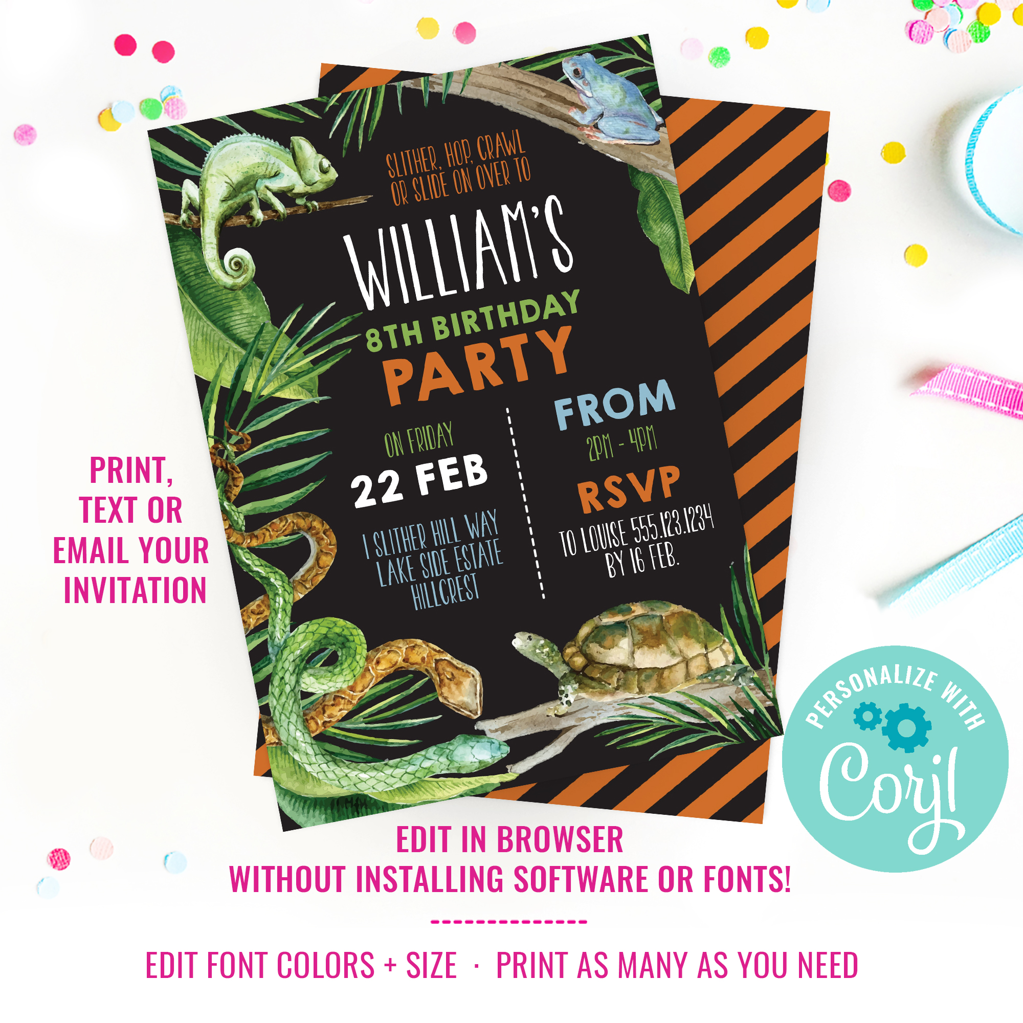 Reptile Party Invitation Black design preview