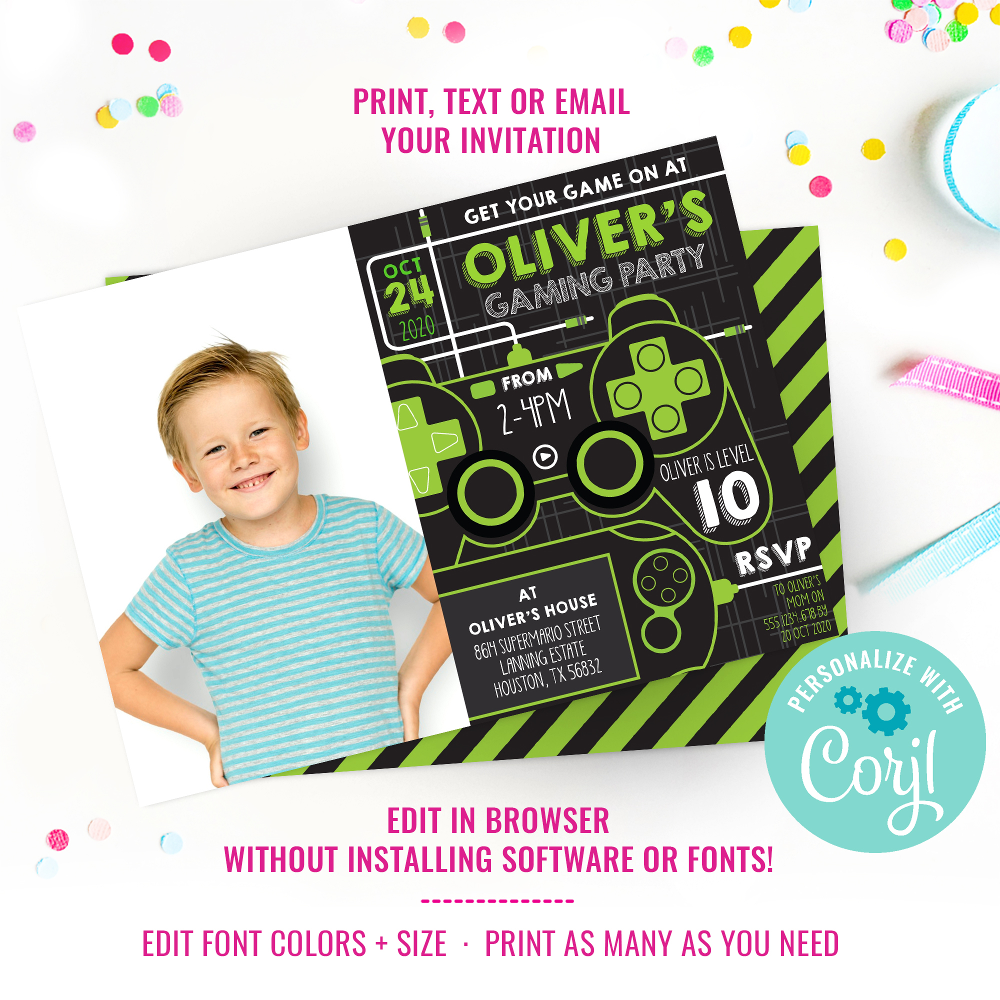 Gaming Party Photo Invitation design preview