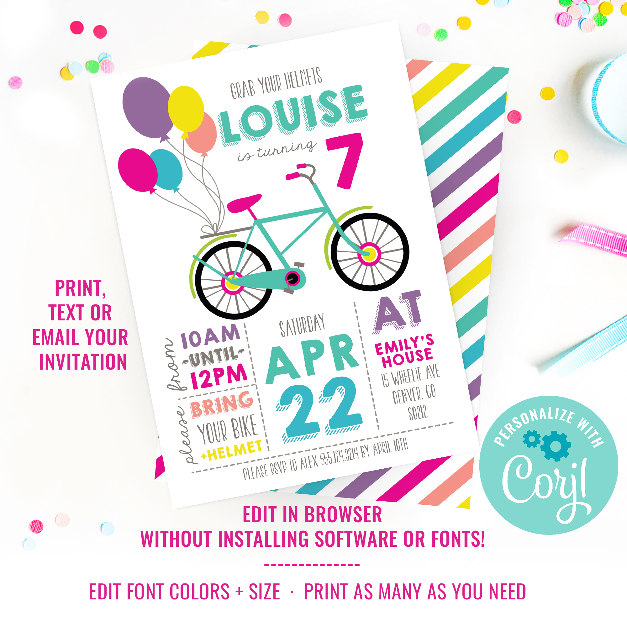 Rainbow Bright - Girls Bicycle Invitation design preview