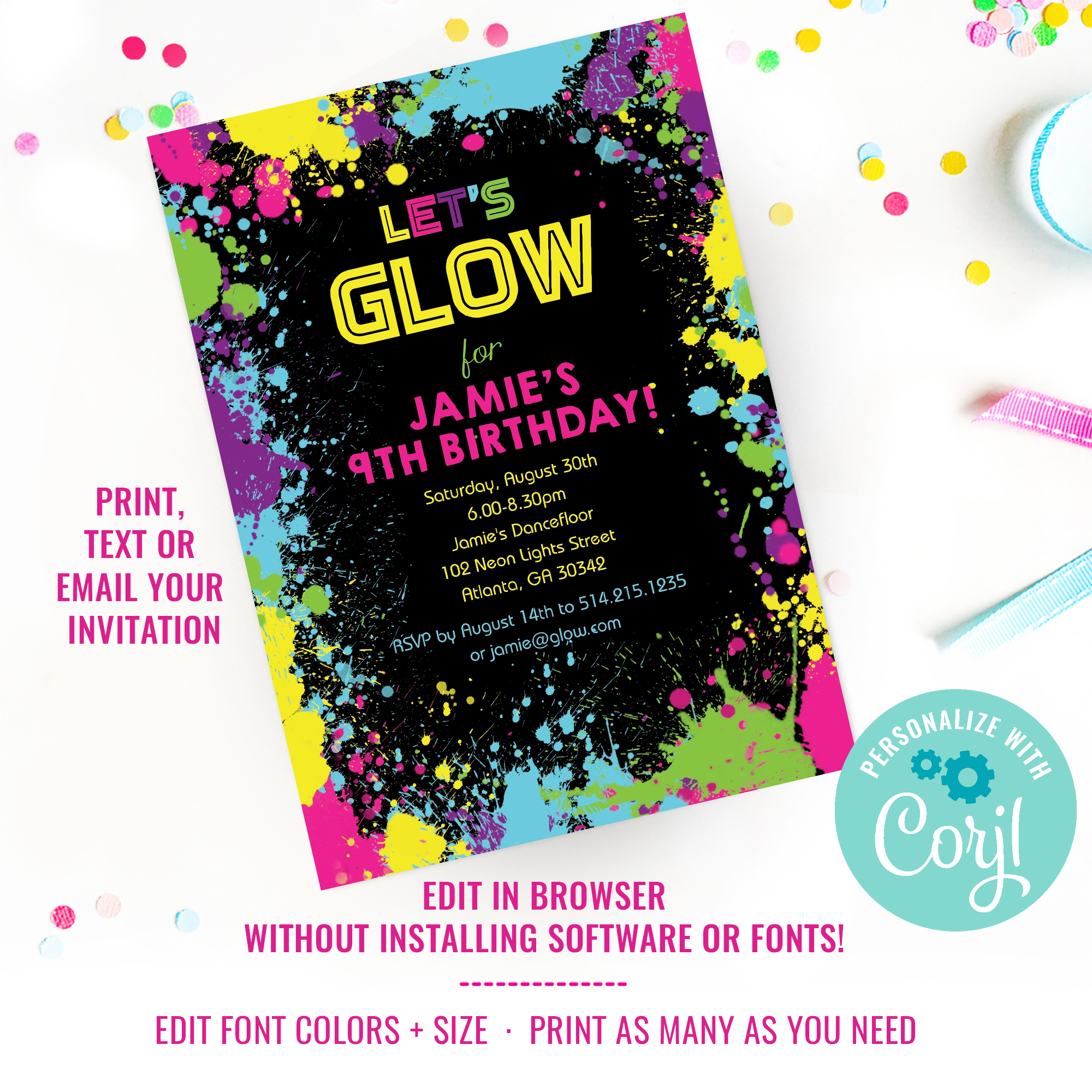 Neon Glow Party Theme Invitation design preview