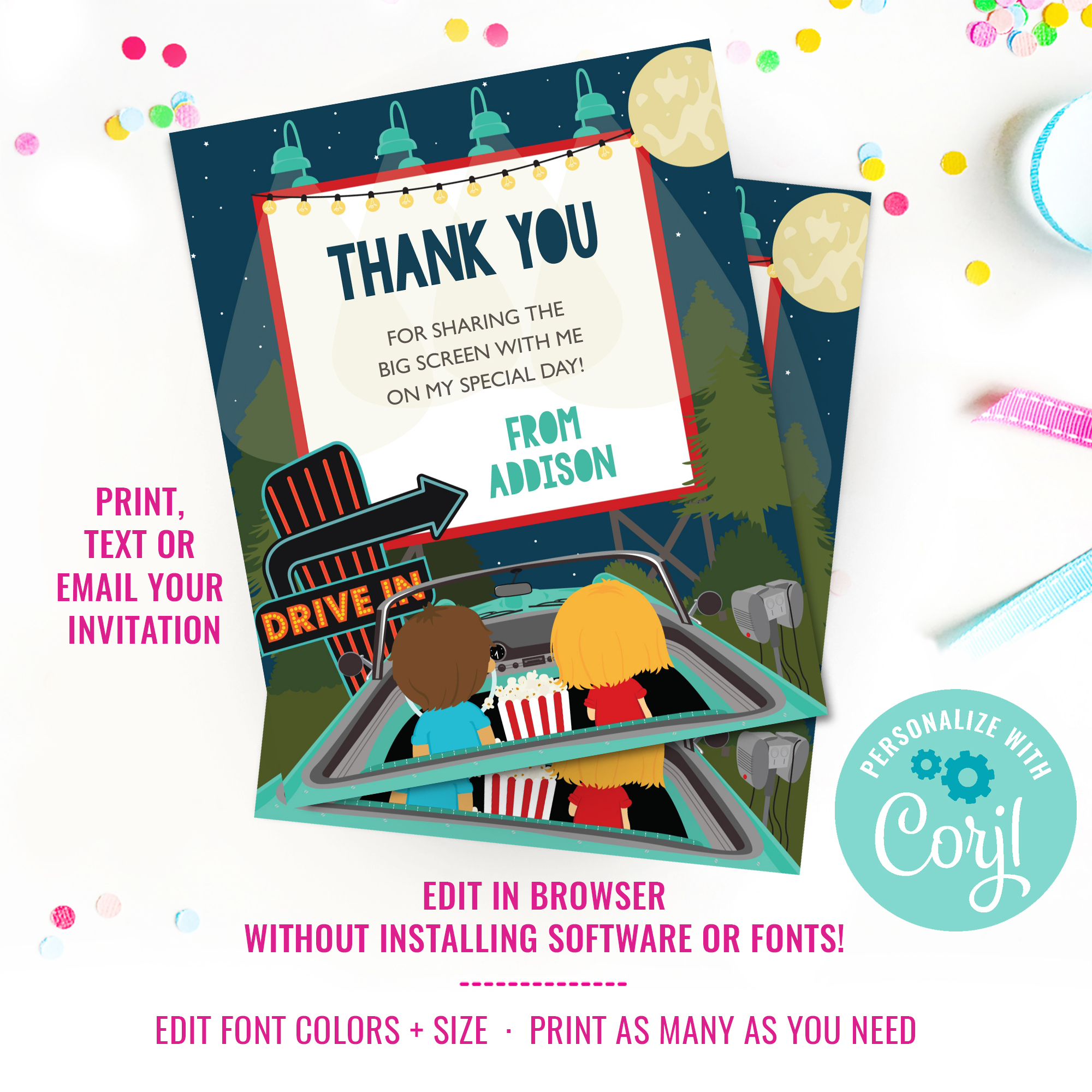 Drive-In Movie Party Thank-You Cards design preview