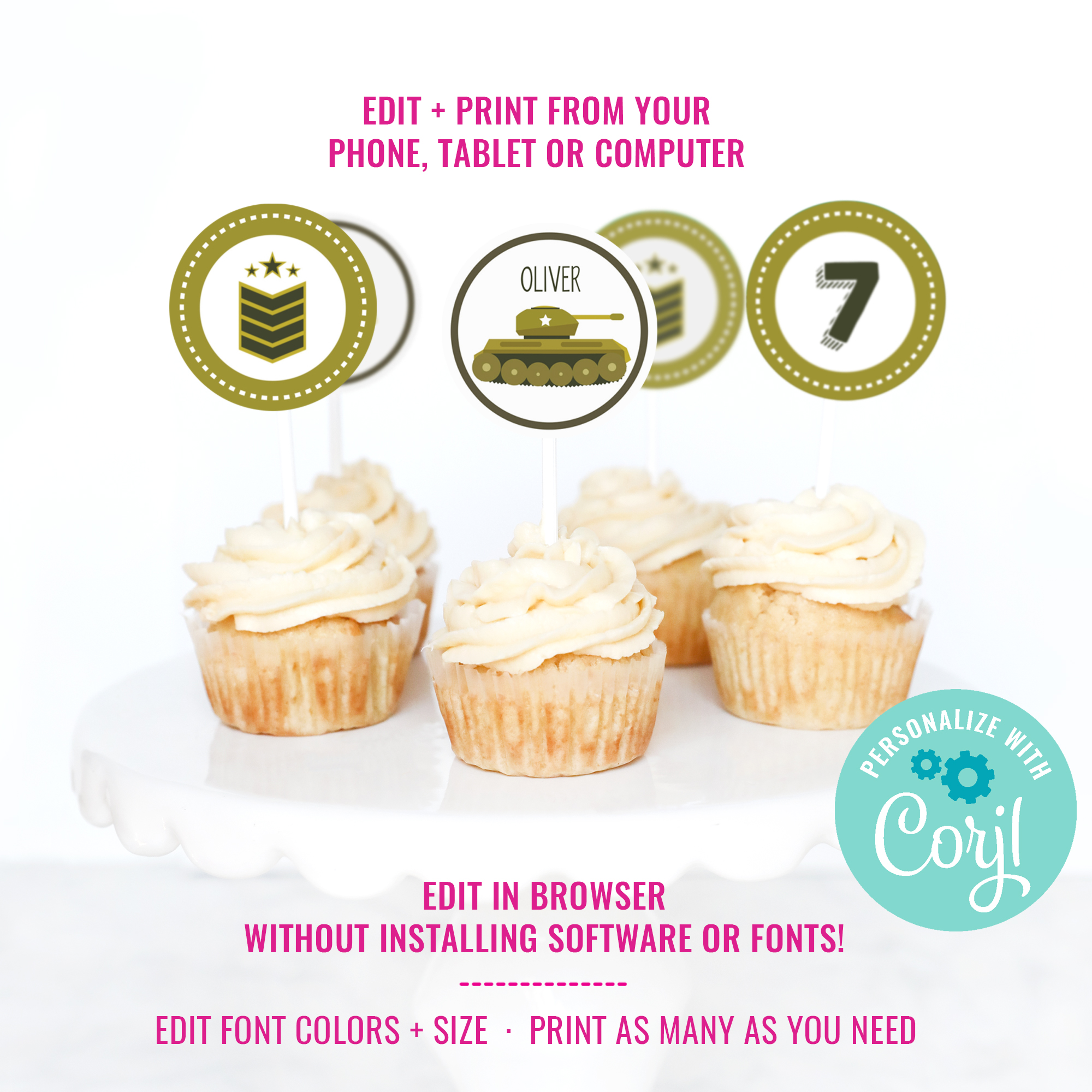 Tank Party Cupcake Toppers design preview