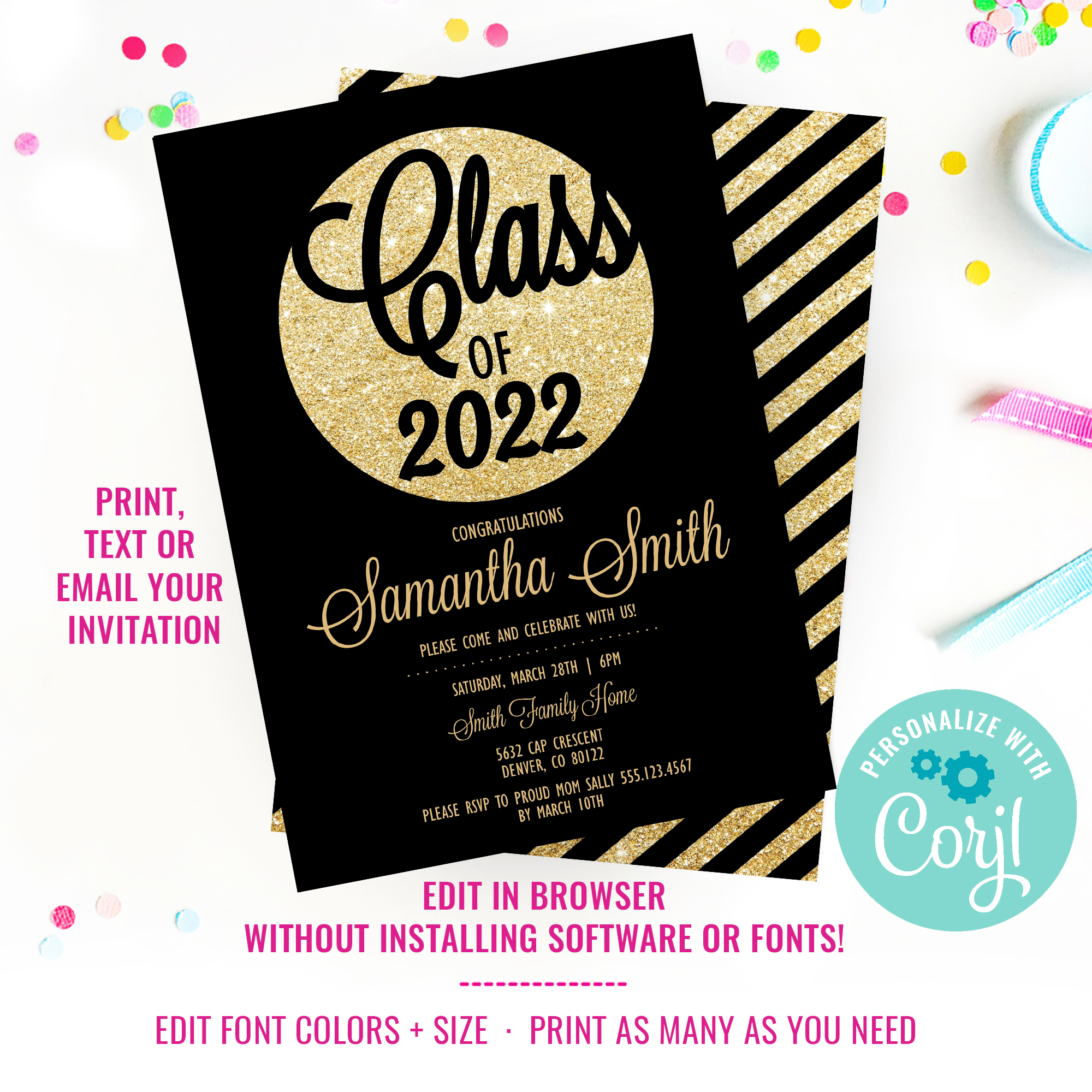 Black and Gold Graduation Invitation design preview