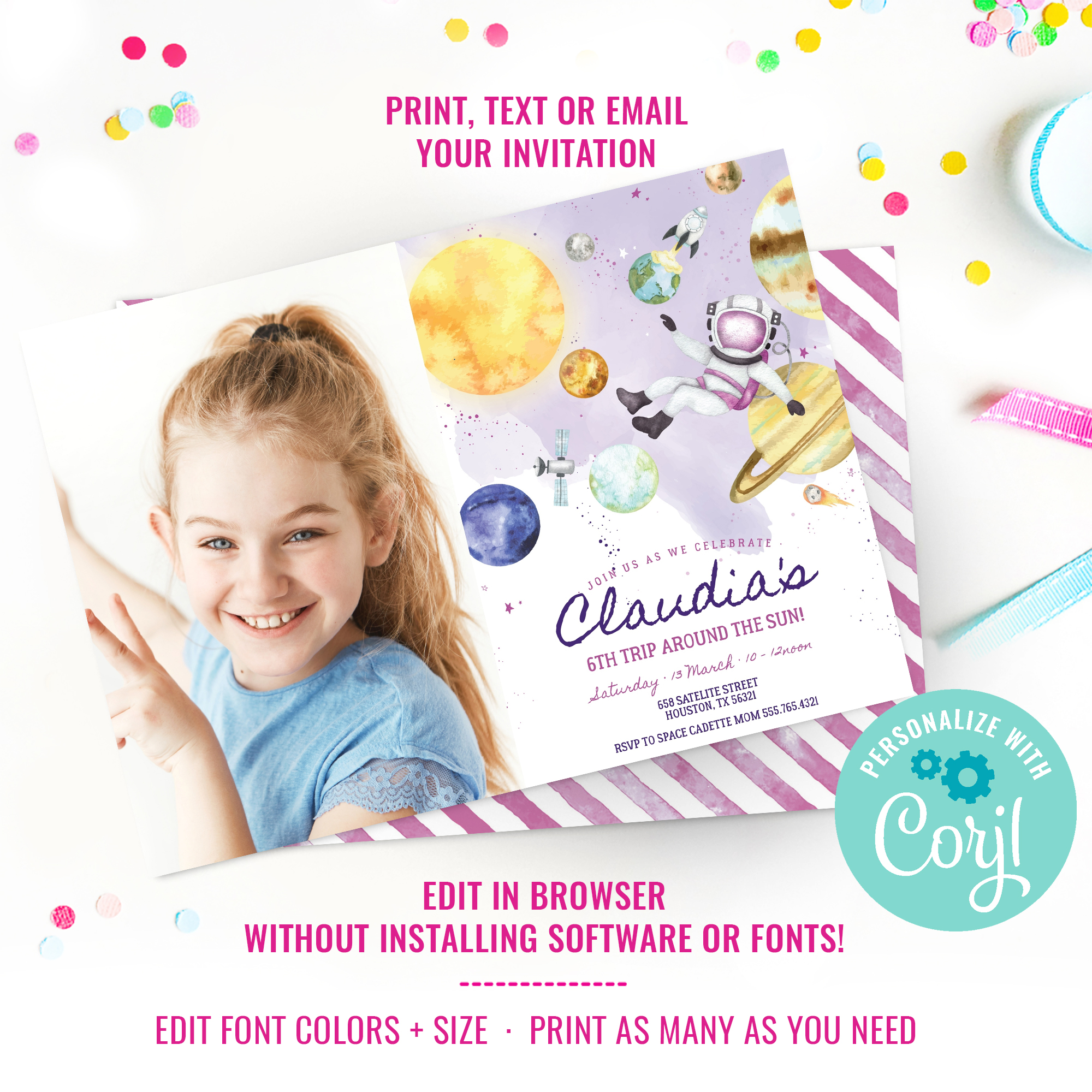Space Party Photo Invitation For Girls design preview