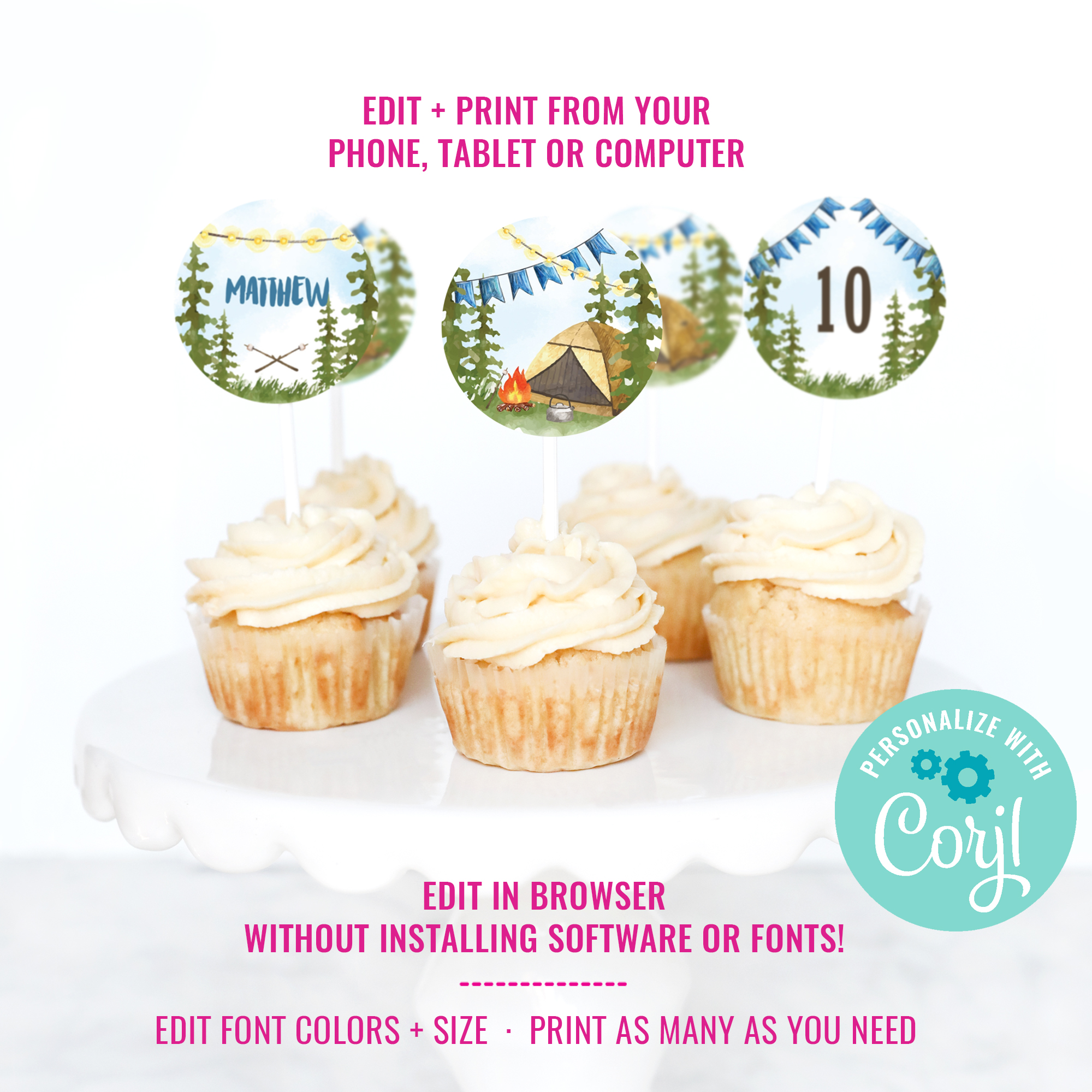 Camping Party Watercolor Cupcake Toppers for Boys design preview