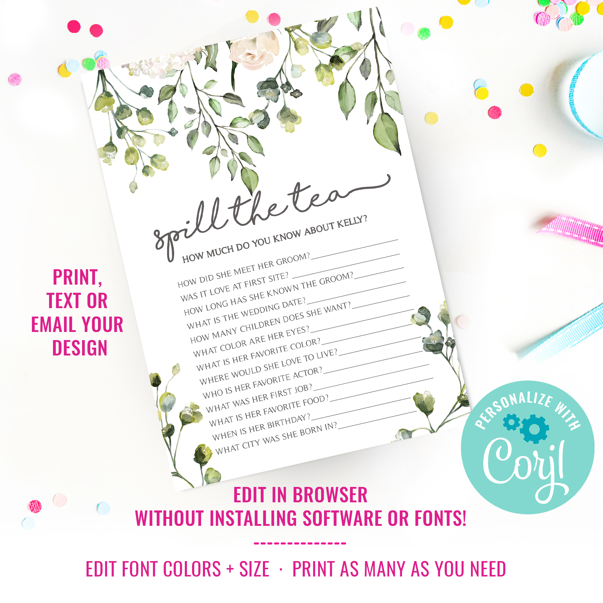 Floral Greenery Bridal Shower Game design preview